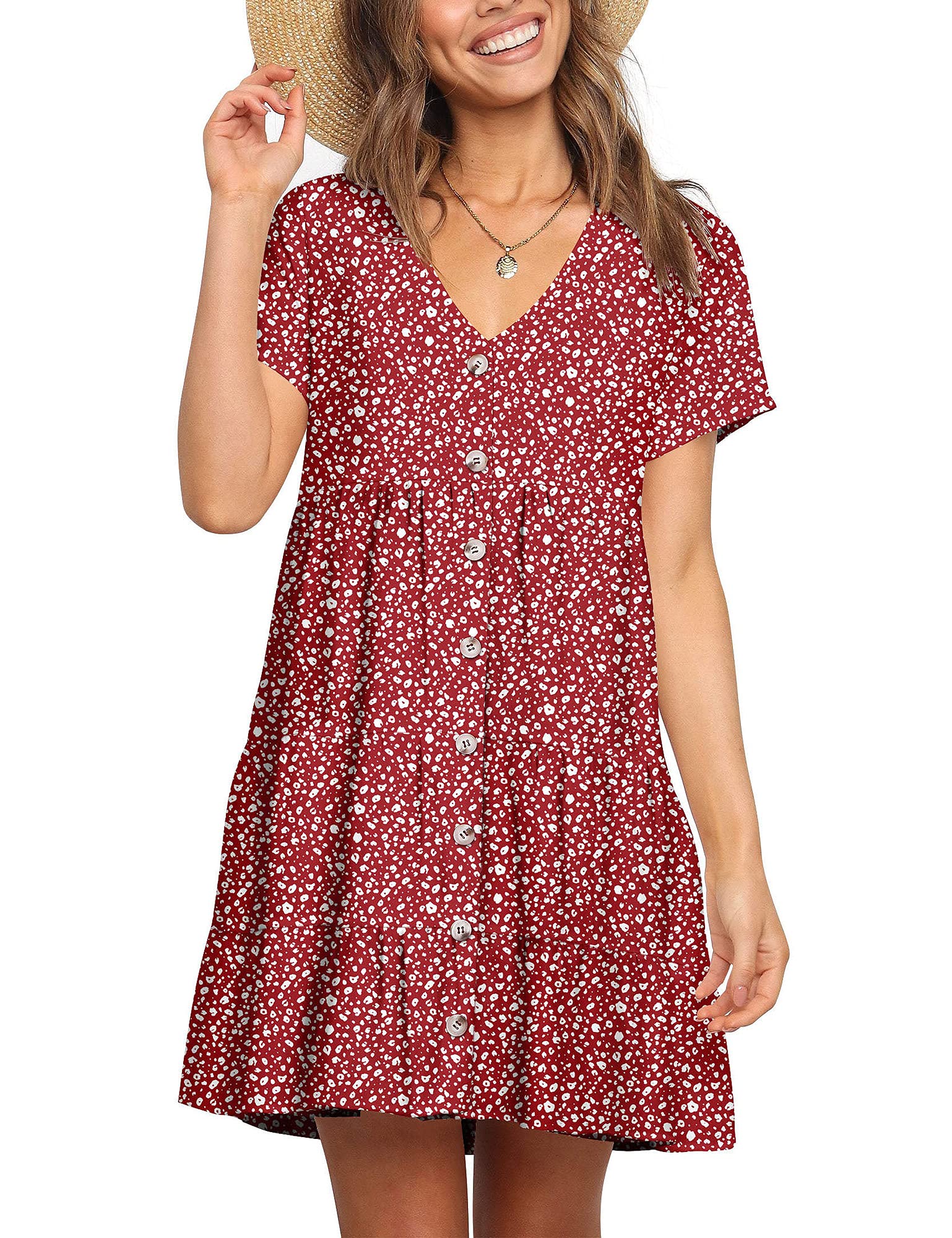 liher Women's Polka Dot V Neck Button Dress Summer Casual Loose Pleated Swing Dresses