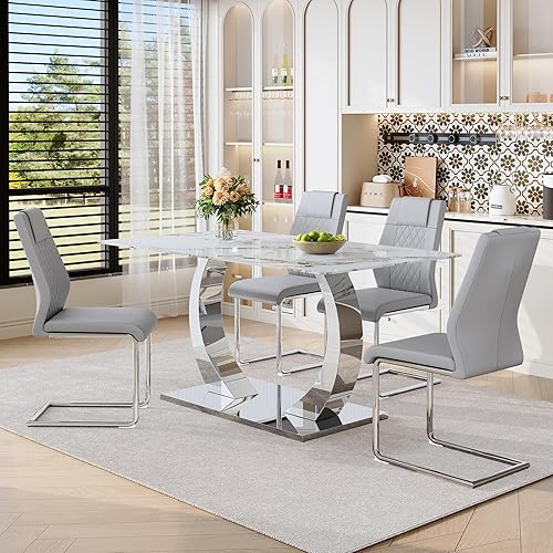 Miniatura 15 de Juego de mesa de comedor MUUOKY para 6, mesa de cocina y sillas para 6, tapa de mesa de piedra sinterizada con 6 sillas de comedor modernas Mesa de