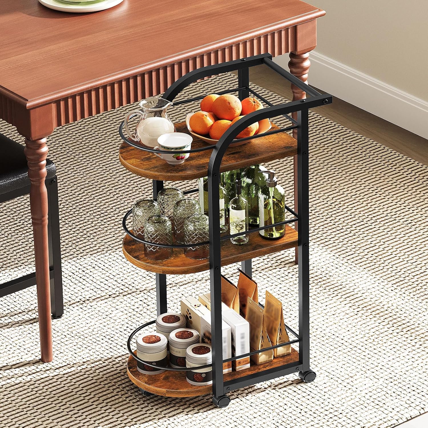 YATINEY 3-Tier Bar Cart, Home Bar Serving Cart with Fence and Wheels, for Dining Room, Living Room, Garden, Party, Rustic Brown and Black BC06BR