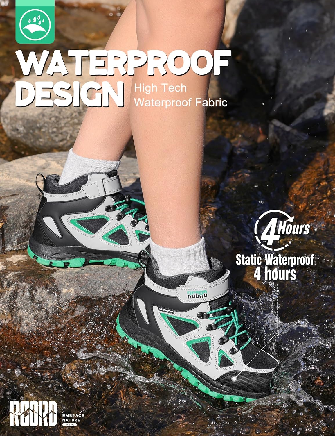 R CORD Kids Hiking Boots Drawstring Closure Girls Hiking Boots Waterproof Durable TPR Traction Outsole Anti-Skid Athletic Outdoor Boots