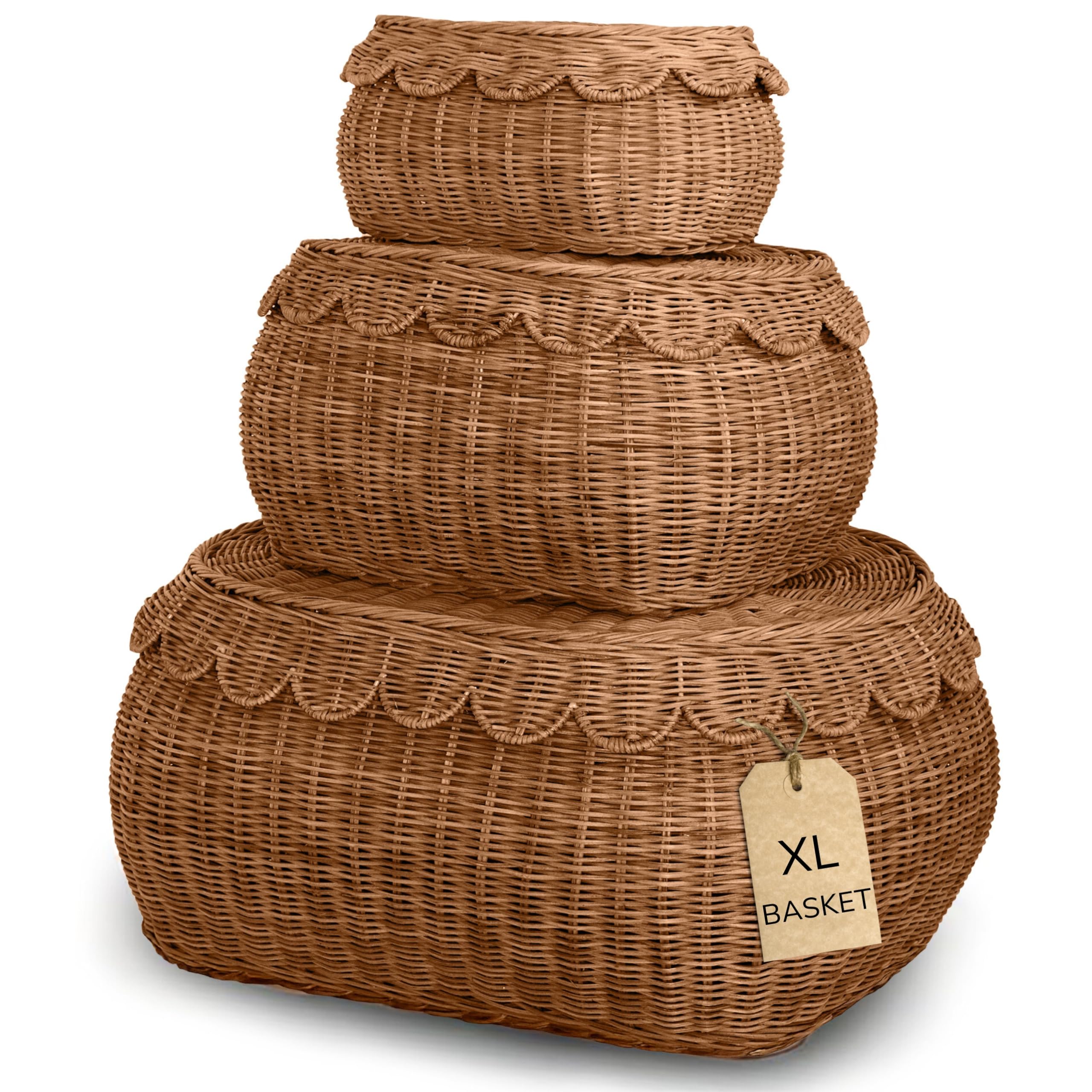 BEBE BASK Large Scalloped Basket Set Of 3 - Hand-Woven & Award-Winning Scallop Basket - XL - Extra Large for Blankets 22 x 16 x 10 In - Elegant Wicker With Scalloped Edge Lid (Mocca)
