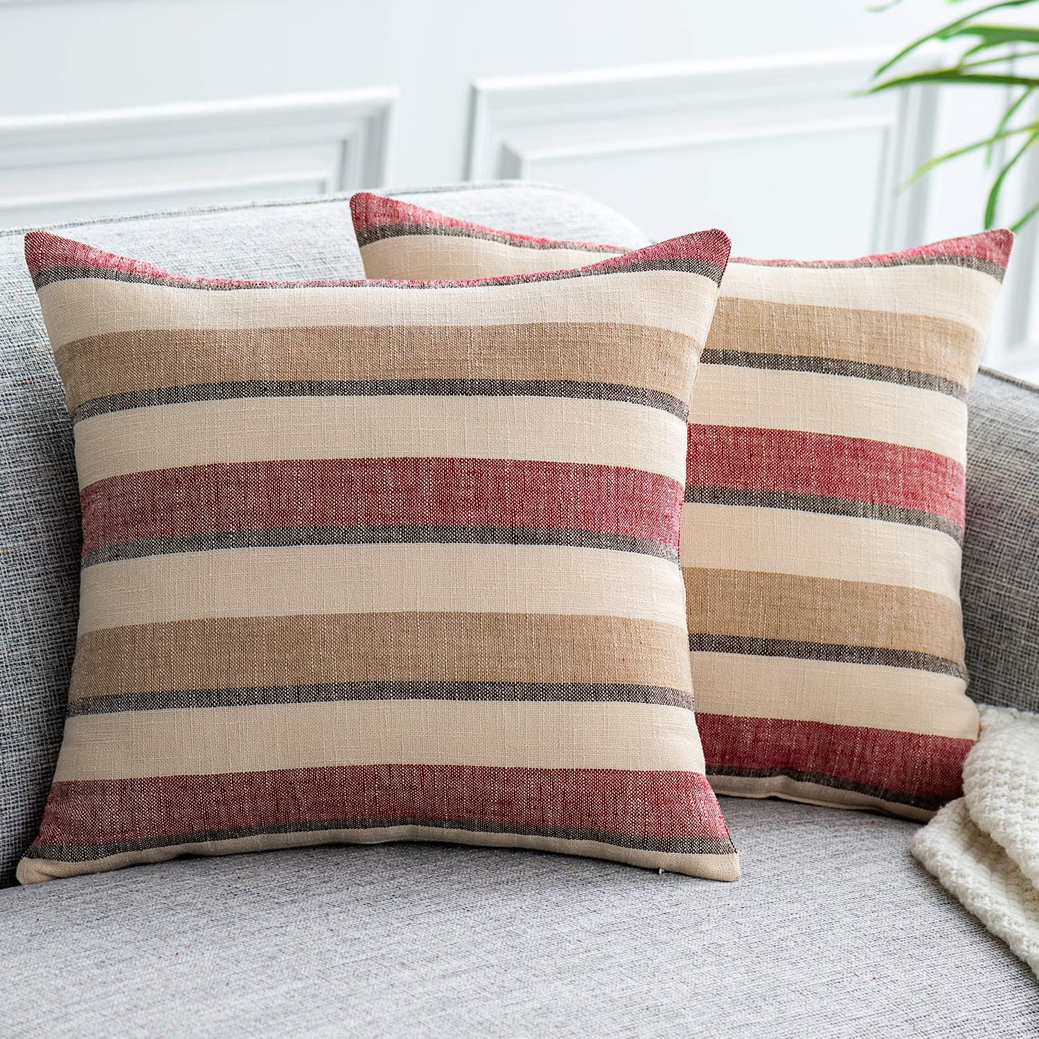 2 Pieces Decorative Classic Retro Stripe Throw Pillow Cover Soft Faux Linen Modern Farmhouse Cushion Case for Sofa Bedroom Car 26 x 26 Inch Red Brown Mixed