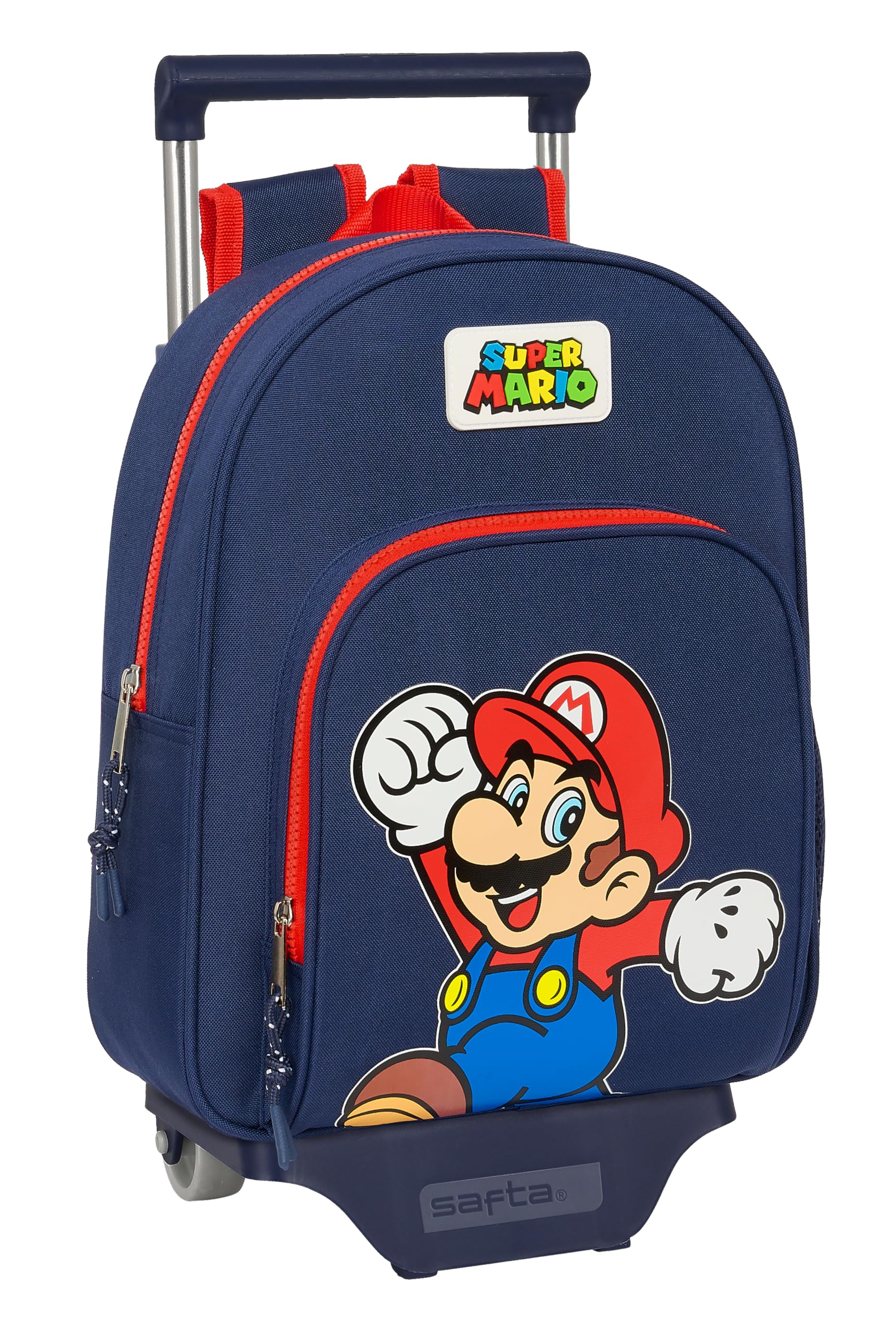 Safta SUPER MARIO WORLD - Mochila Infantil con Carro 705, Ideal para Niños de Diferentes Edades, Cómoda y Versátil, Calidad y Resistencia, 28x10x34 cm, Color Azul marino