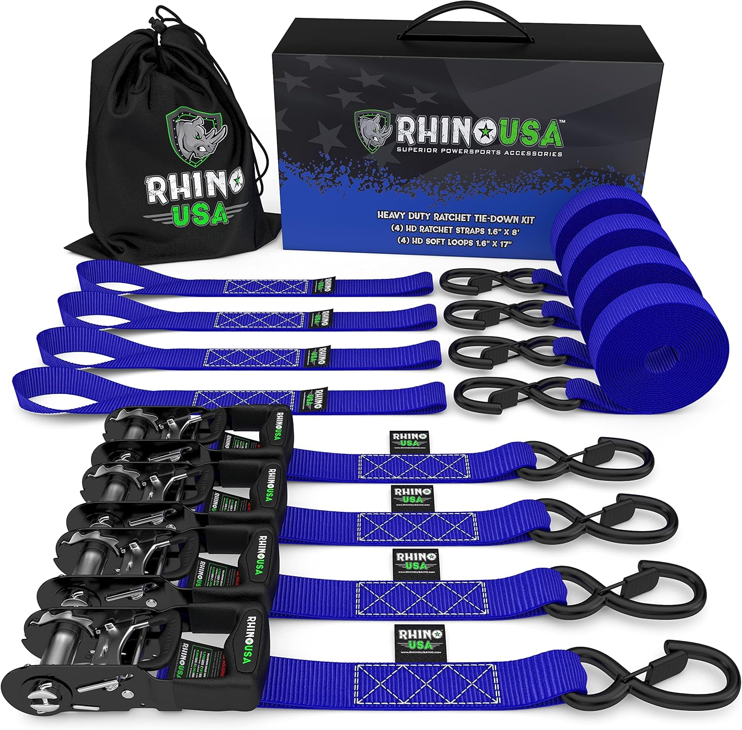 RHINO USA Ratchet Straps Tie Down Kit, 5,208 Break Strength - Includes (4) Heavy Duty 1.6" x 8' Rachet Tiedowns with Padded Handles & Coated Chromoly S Hooks + (4) Soft Loop Tie-Downs (Orange) : Automotive