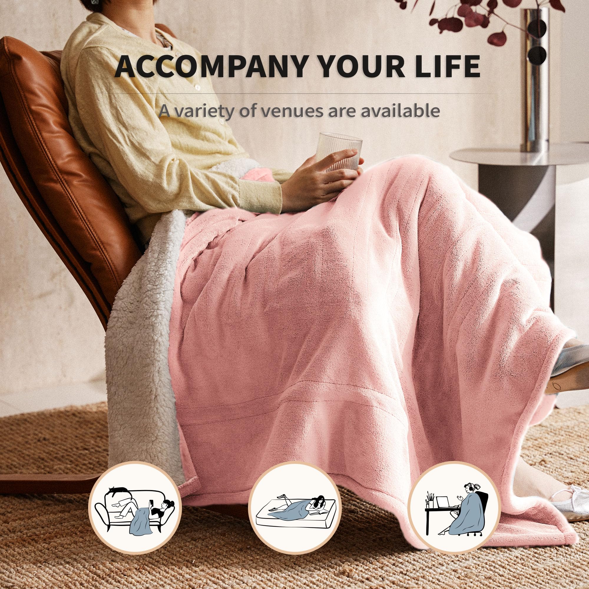 JET'S HOME Heated Blanket 50"x60" - ETL&FCC Certified Flannel Electric Blanket Machine Washable Heating Throw with 5 Heating Levels 3 Hours Auto-Off Overheating Protection Gift for Women (Pink)