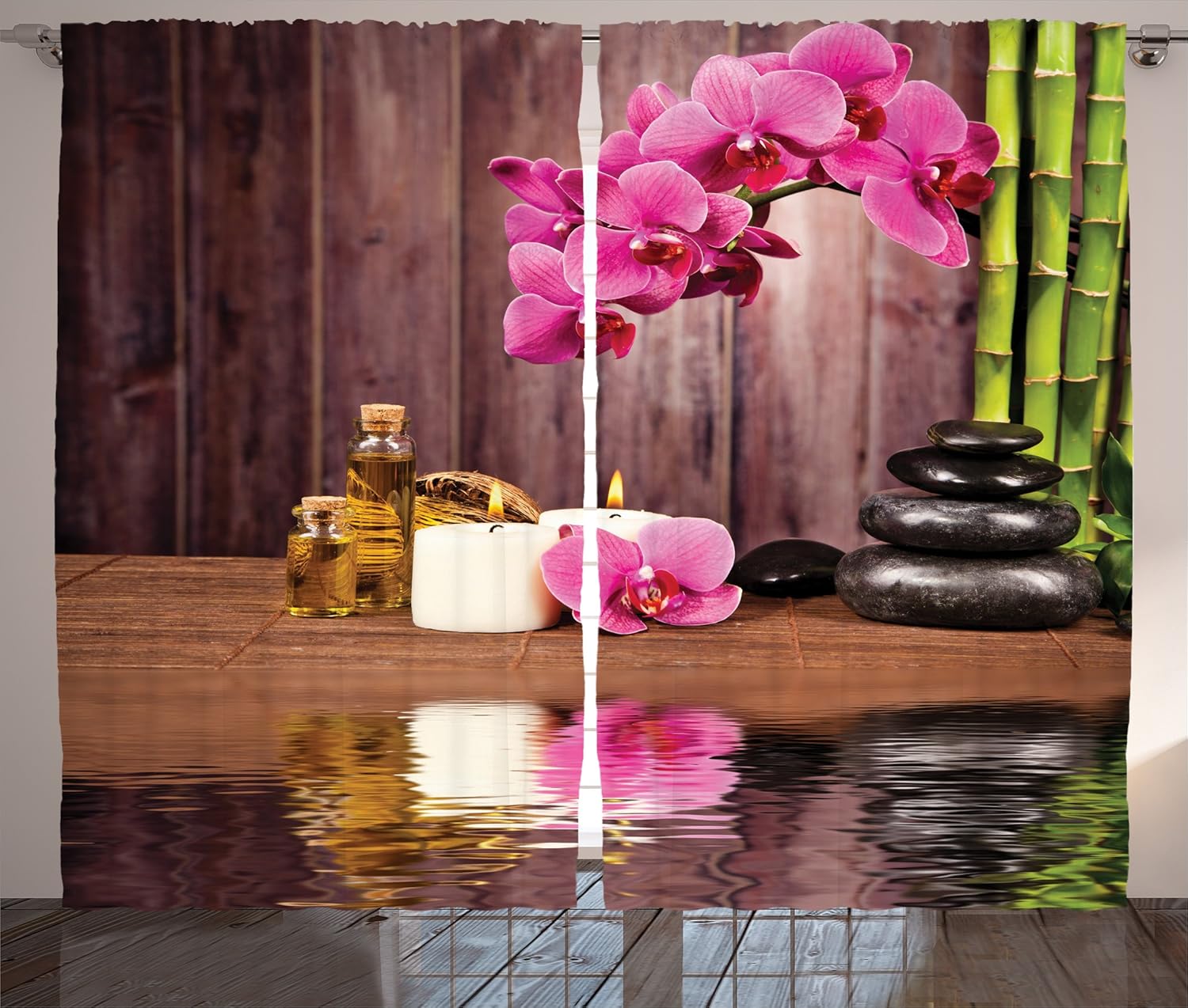 Ambesonne Orchid Curtains, Modern Chill Vibes Boho Stones and Flower with Candles and Water Photo Print, Living Room Bedroom Window Drapes 2 Panel Set, 108" X 84", Pink Brown