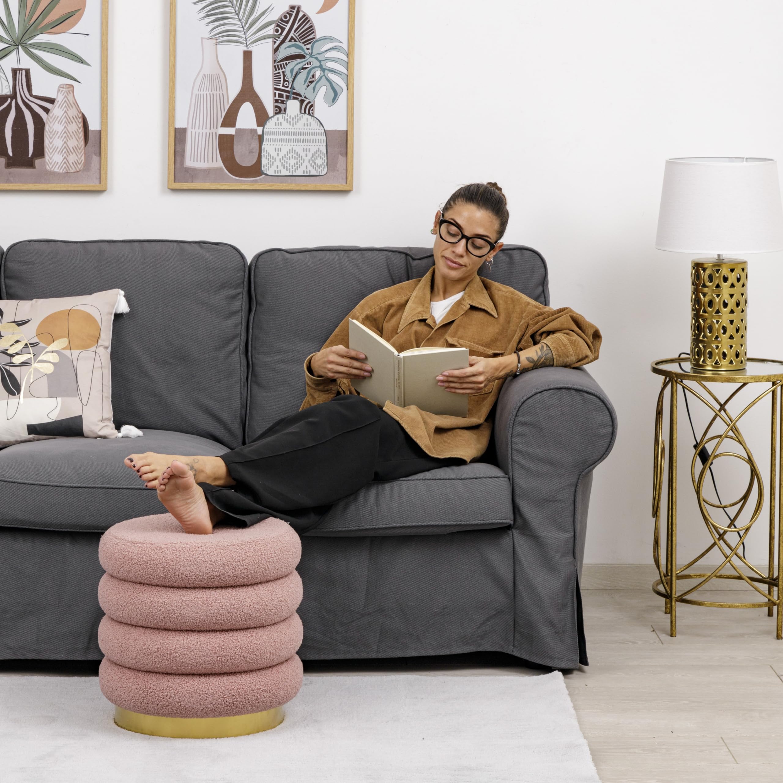 Baroni Home Pouf Repose-Pieds en Sherpa en Forme de Macaron, Tabouret Rembourrée et Résistant pour Chambre et Salon, Pouf Confortable de Design, 38x38x41 cm, Rose