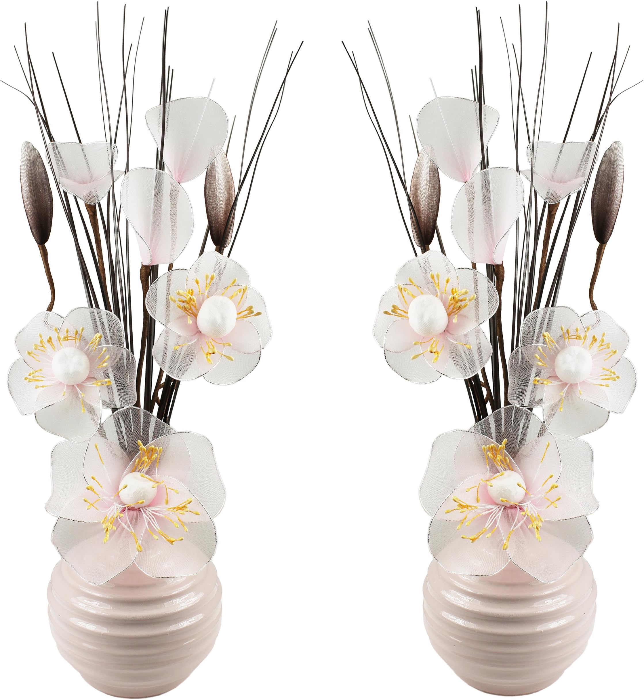 Matching Pair of Light Pink Vases with Candy Floss Pink Artificial Flowers, Ornaments for Living Room, Window Sill, Home Accessories, 32cm