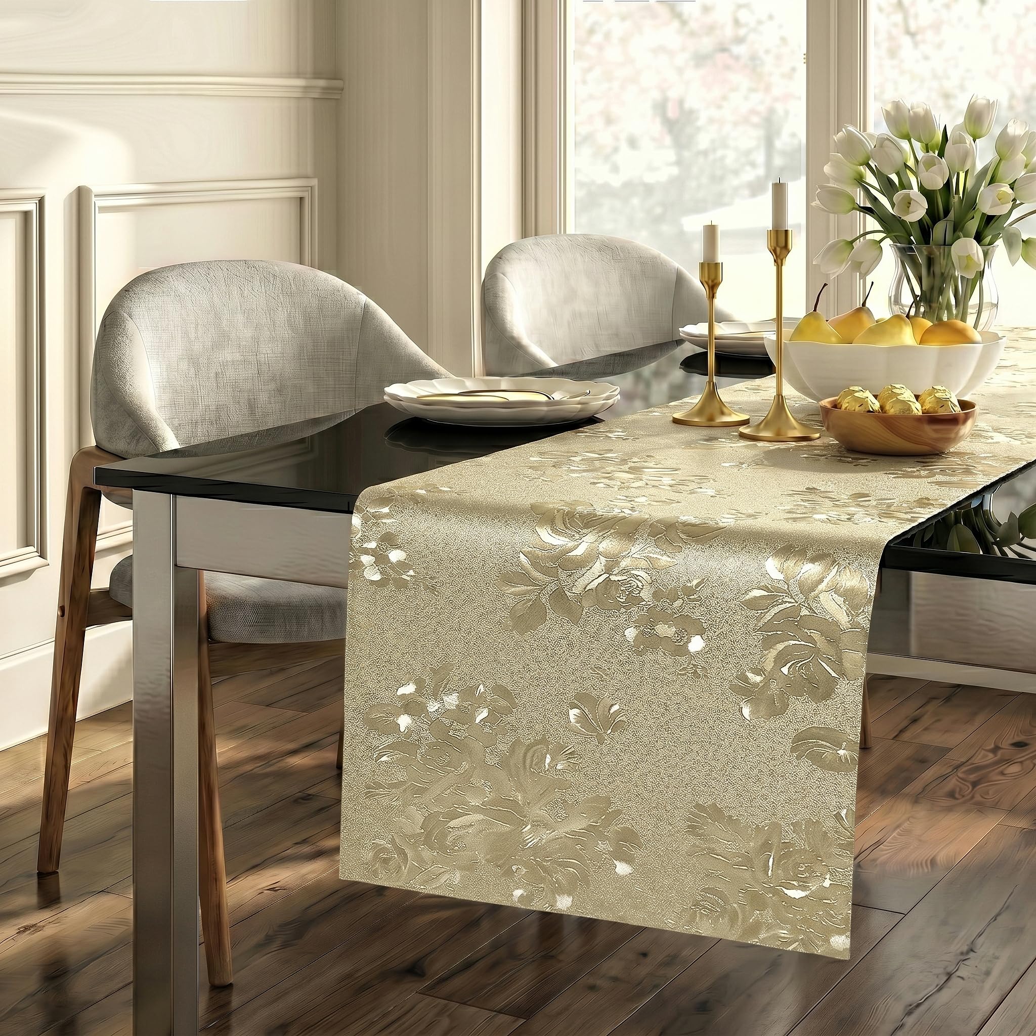 FAVE Gold Table Runner for Rectangle Tables, 72 Inch Heat Resistant Runner with Flower, Waterproof, Stain Resistant, Reusable for Daily Use Parties and Banquet (Gold Rose, 12"x72")