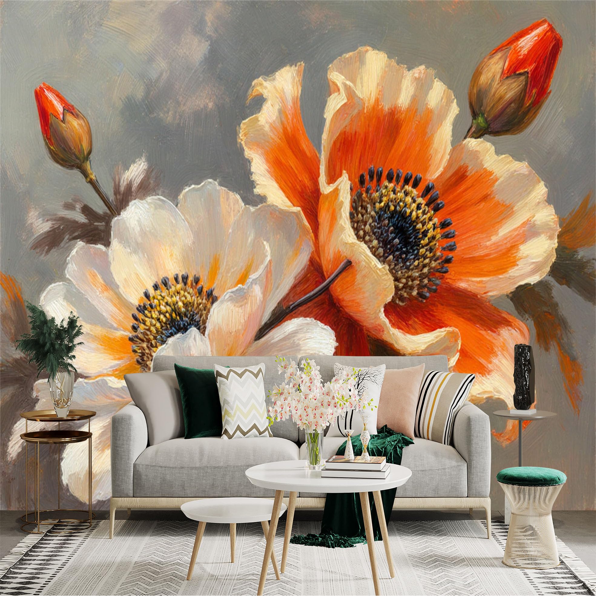 Custom Size Wall Sticker Mural， Impressionist Orange and White Anemone Flowers， Artistic Oil Painting Style， Botanical Home Decor， for wall Decoration， peelandstick wall Decals.