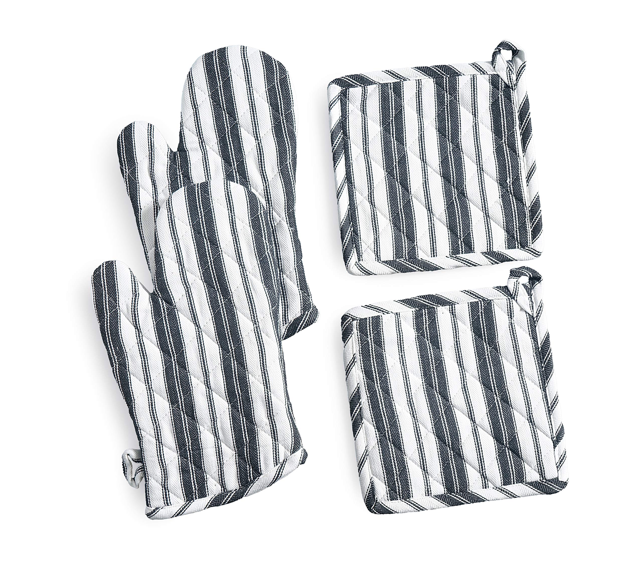 2 manoplas de horno de 18 x 32 cm y 2 juegos de agarraderas (20 x 20 cm), resistentes al calor con forro de rizo para manoplas, tamaño 18 x 32 cm y 20 x 20 cm, color negro
