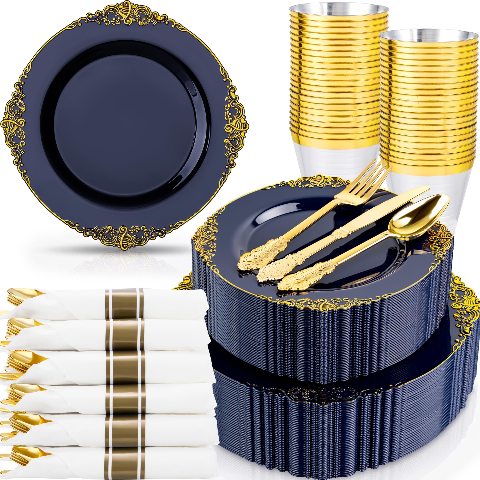 Gold Disposable Plates - 50 Guest Dinnerware Set -15 Gold Disposable Plates - 50 Guest Dinnerware Set -15