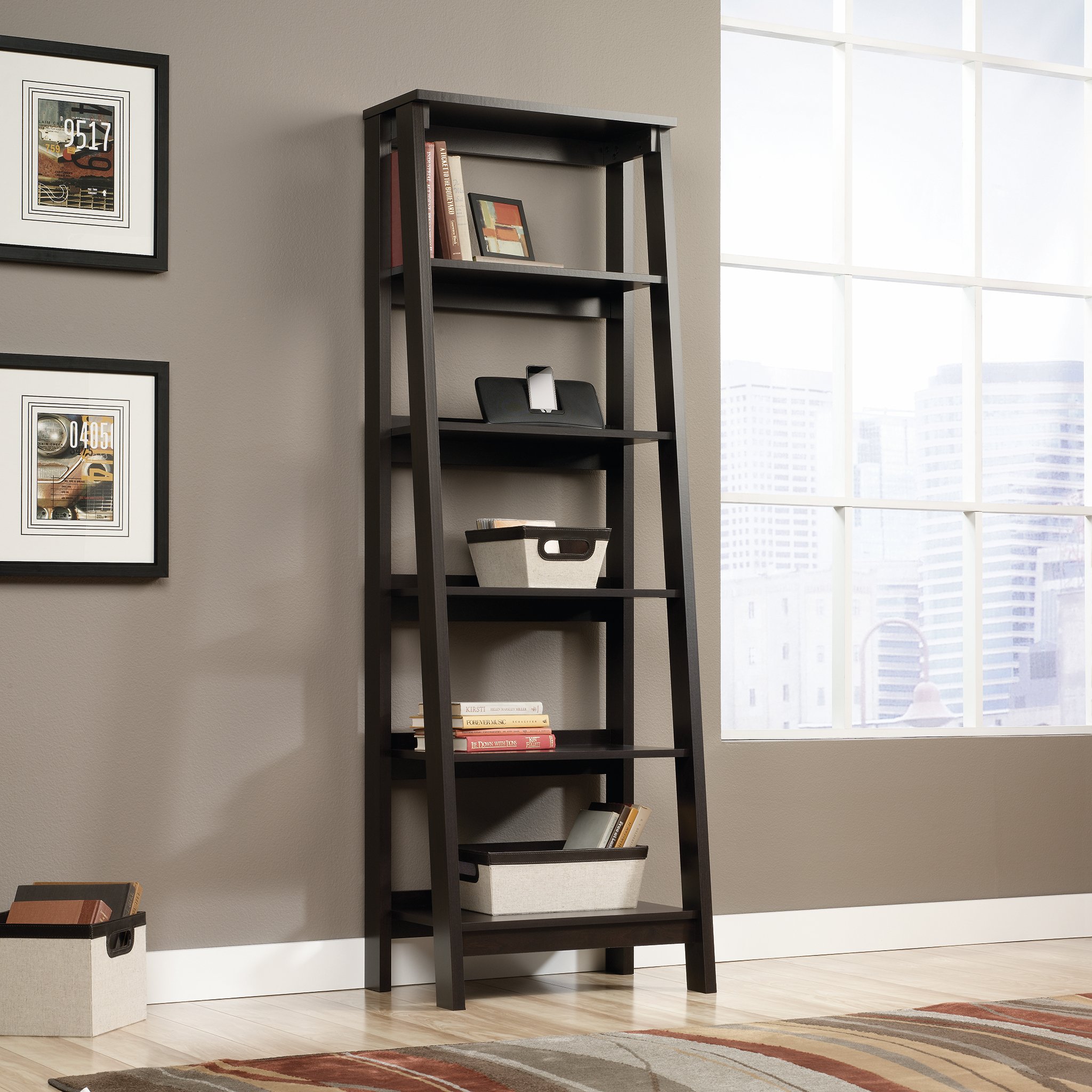 Sauder Trestle 5 Bookcase/Book Shelf, L: 23.54" x W: 16.61" x H: 71.14", Jamocha Wood finish