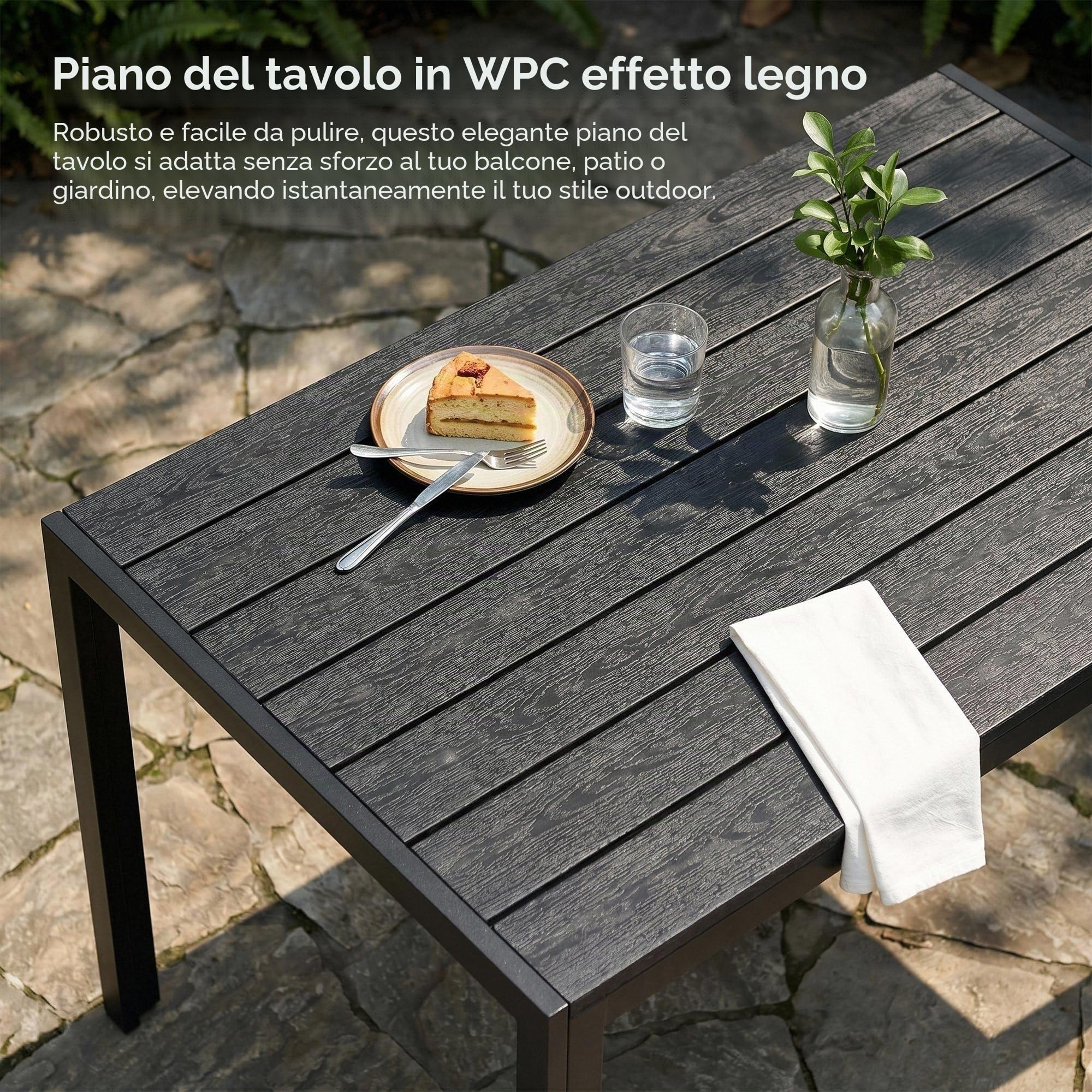 LIFERUN Tavolo da Giardino 110x70 cm, Tavolo da Terrazzo in WPC per 4-6 Persone, Tavolo da Balcone Resistente alle Intemperie con Telaio in Alluminio, Design Effetto Legno,Nero