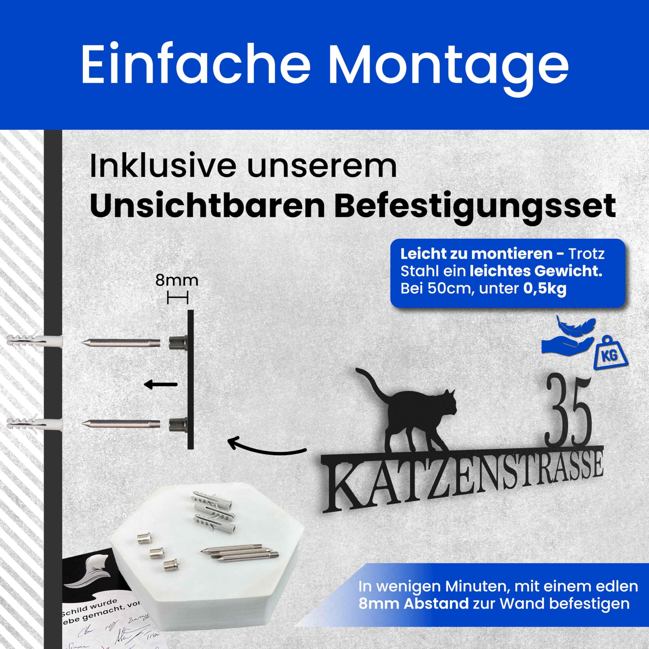 Steelmonks Straßenschild mit Hausnummer. Metall Adressschild und Plakette als Haustürschild oder Einweihungsgeschenk (Straßenschild mit Katze)