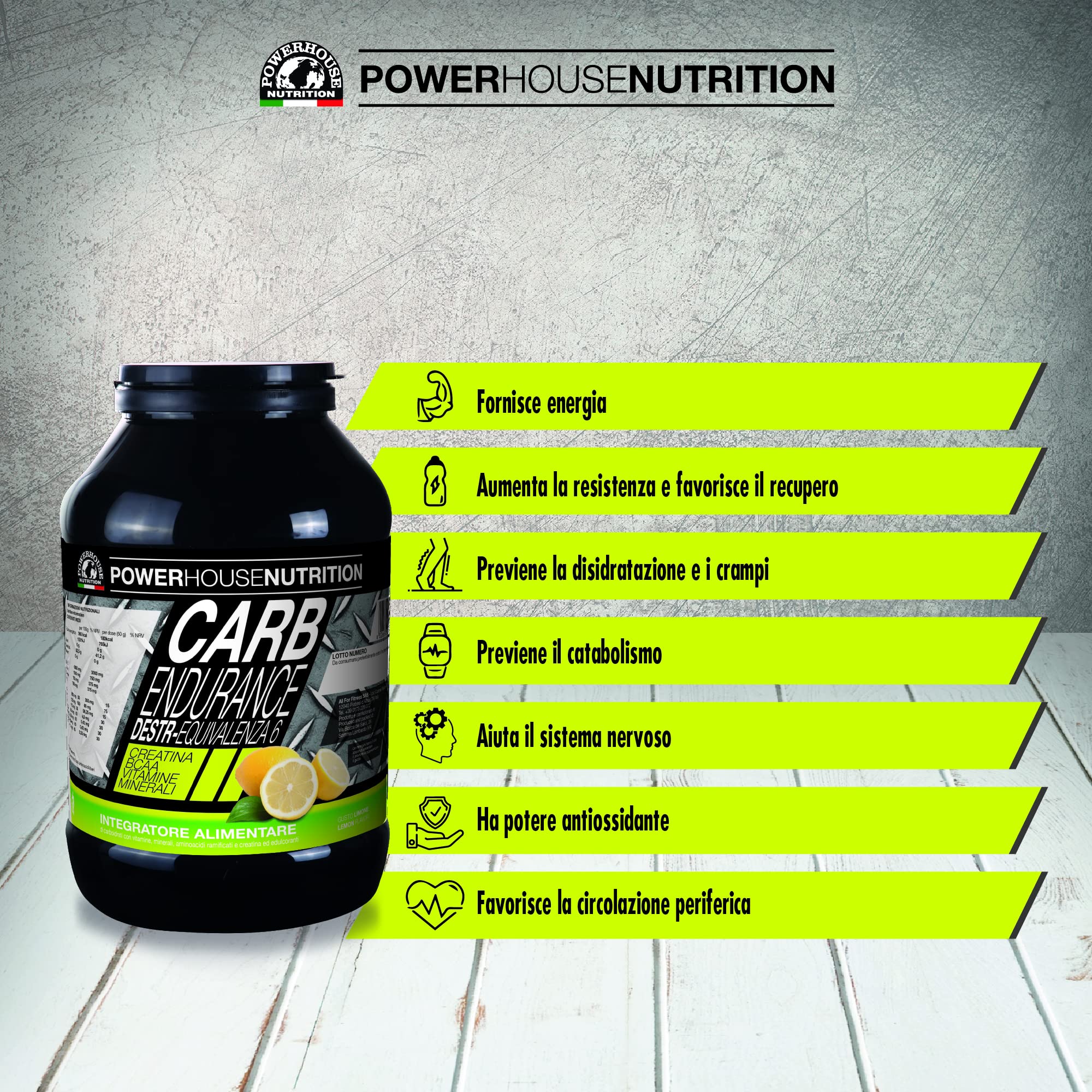 Energia Graduale e Costante per Intensa Attività Fisica, CARB ENDURANCE Powerhouse Nutrition, Integratore in Polvere solubile con Edulcoranti a base di Maltodestrine, Limone, 1Kg