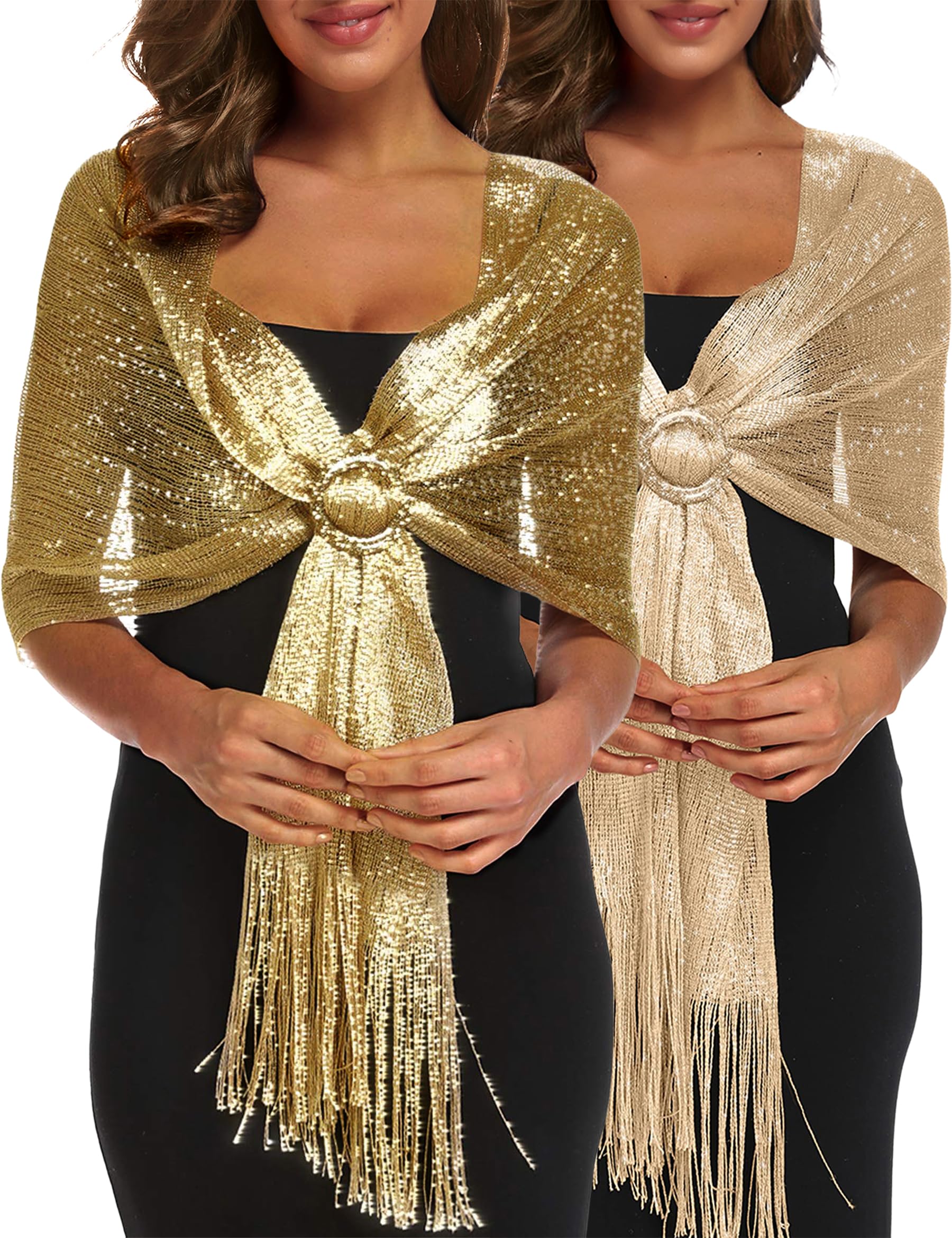 Rheane Women's Evening Shawl Wrap with Buckle, Gold + Light Champagne, Large