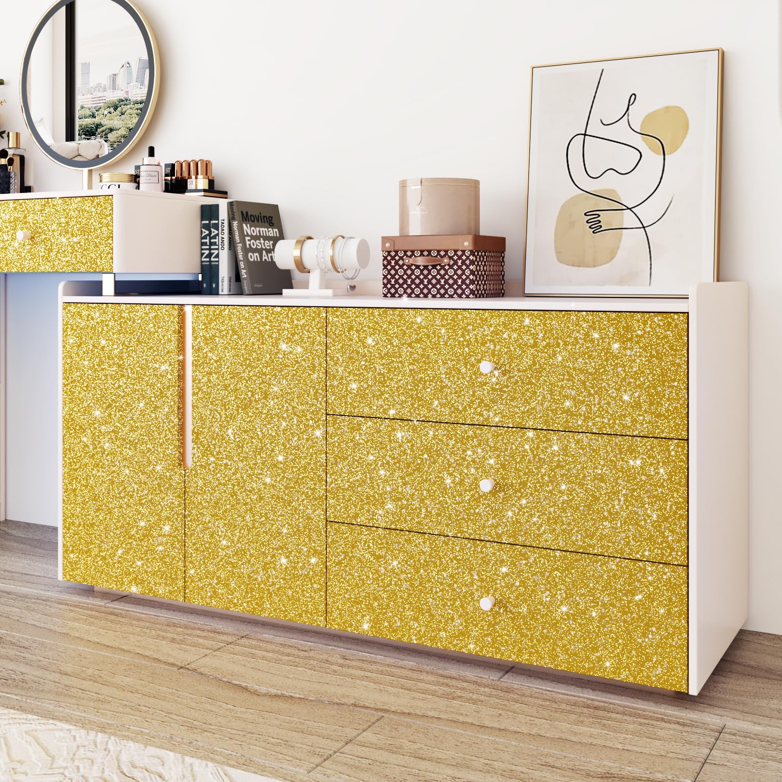 WESTICK Thick Gold Glitter Wallpaper Self Adhesive Sparkle Glitter Contact  Paper for Walls Removable Stick and Peel Glittery Paper for DIY Project  Salon Bedroom Cabinets Shelf Drawer Liner 11.8" x 80" -