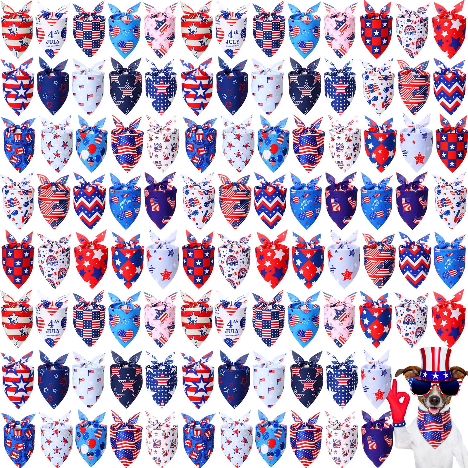 Sumind Lot de 100 bandanas patriotiques pour chien en vrac, écharpe triangulaire, bandanas pour chiens avec motifs de jour de l'indépendance pour le jour de l'indépendance, accessoires de costume pour