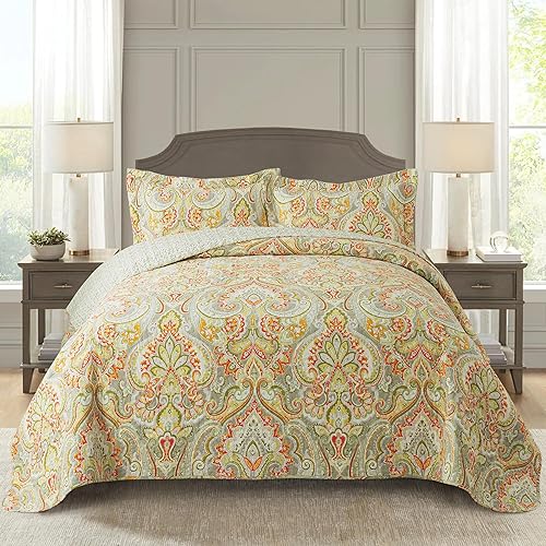 Vista 60 de NEWLAKE Juego de colcha de algodón, juego de colcha reversible de retazos, estampado real clásico turquesa, tamaño Queen Turquesa Clásico