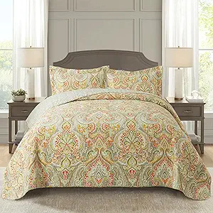 NEWLAKE Cotton Bedspread Quilt Sets-Reversible Patchwork Coverlet Set, European Beige Floral Pattern, Queen Size