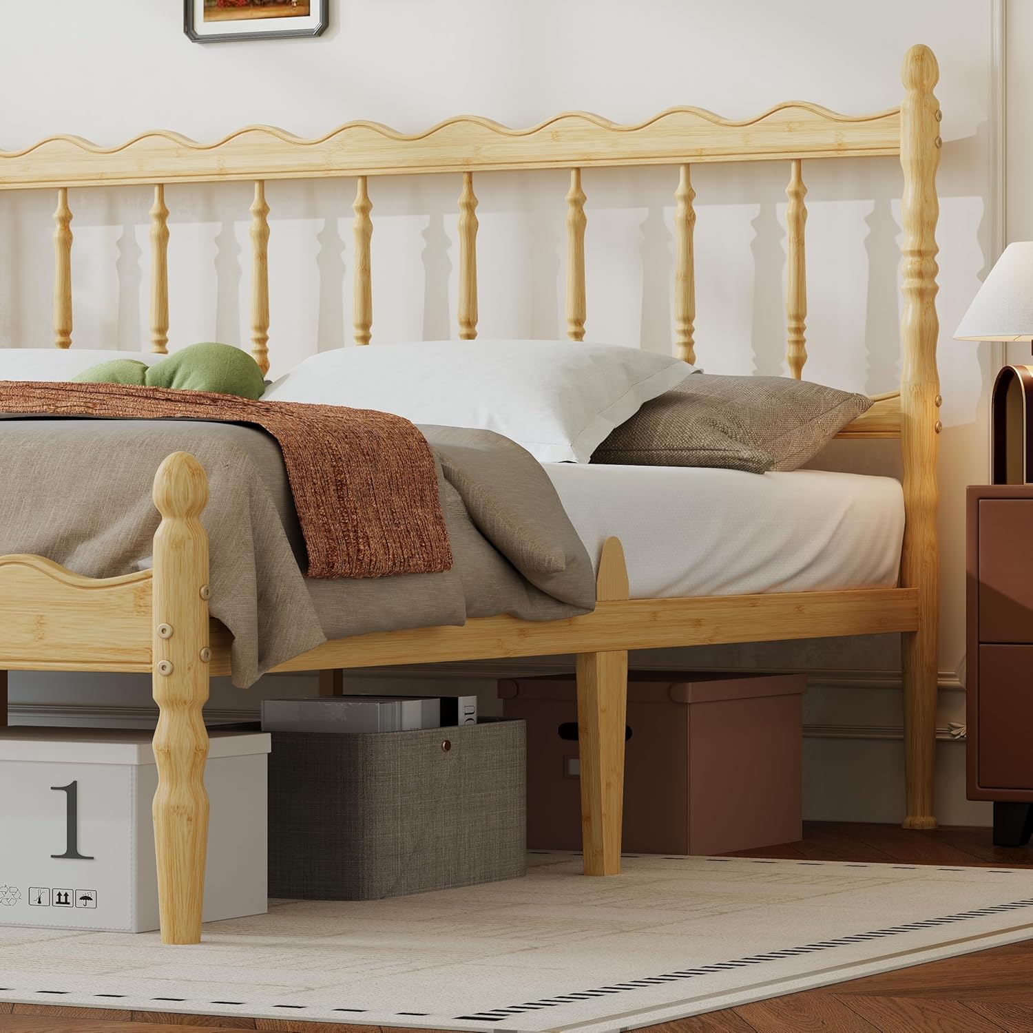 ZIYOO King Size Natural Bamboo Platform Bed, Stylish Scalloped Wave Design, 14" Sturdy Bed Frame with Metal Slat Support for Guest Room