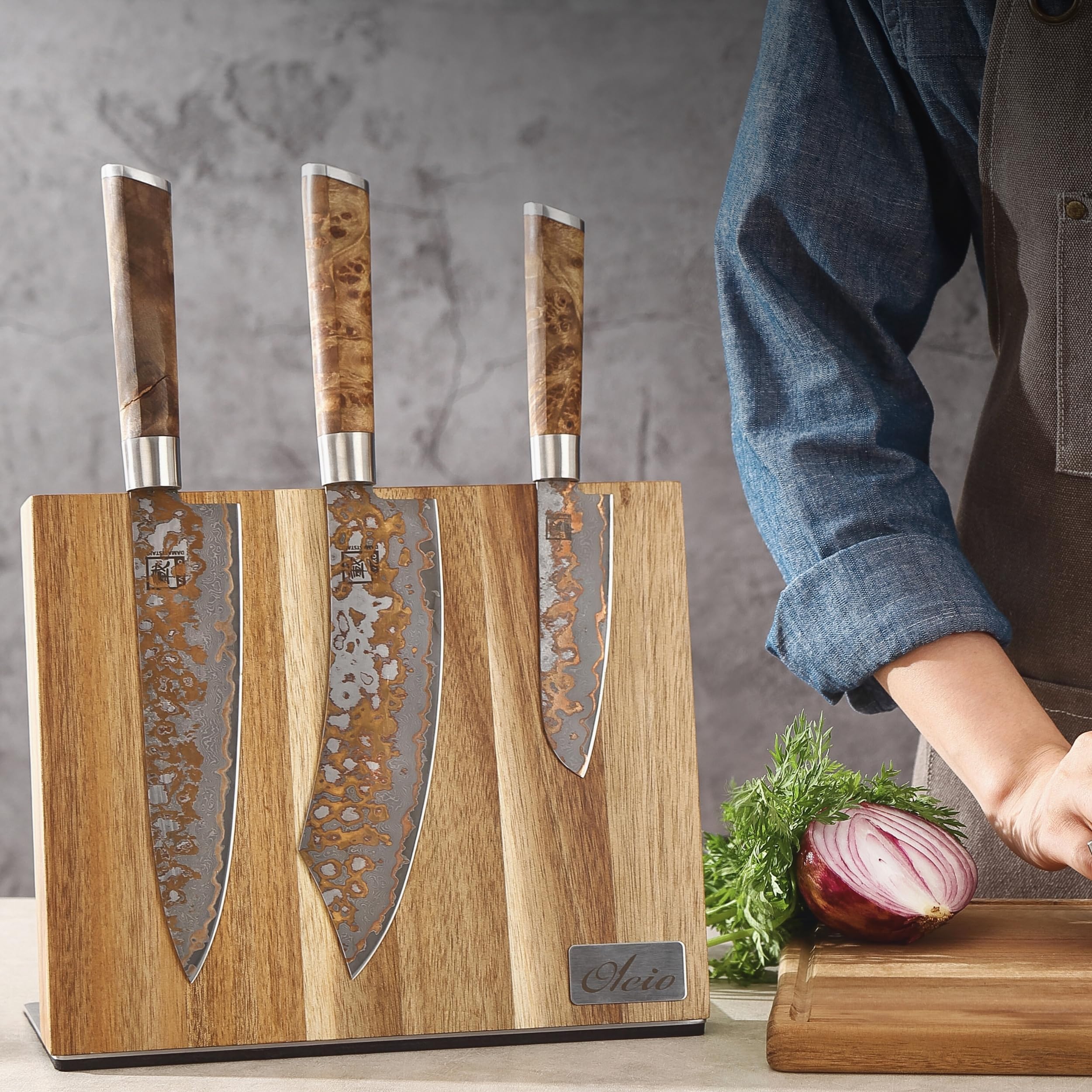 Oleio Bloc Porte-Couteaux Magnétique de Cuisine en Acacia Massif, 6 Lames