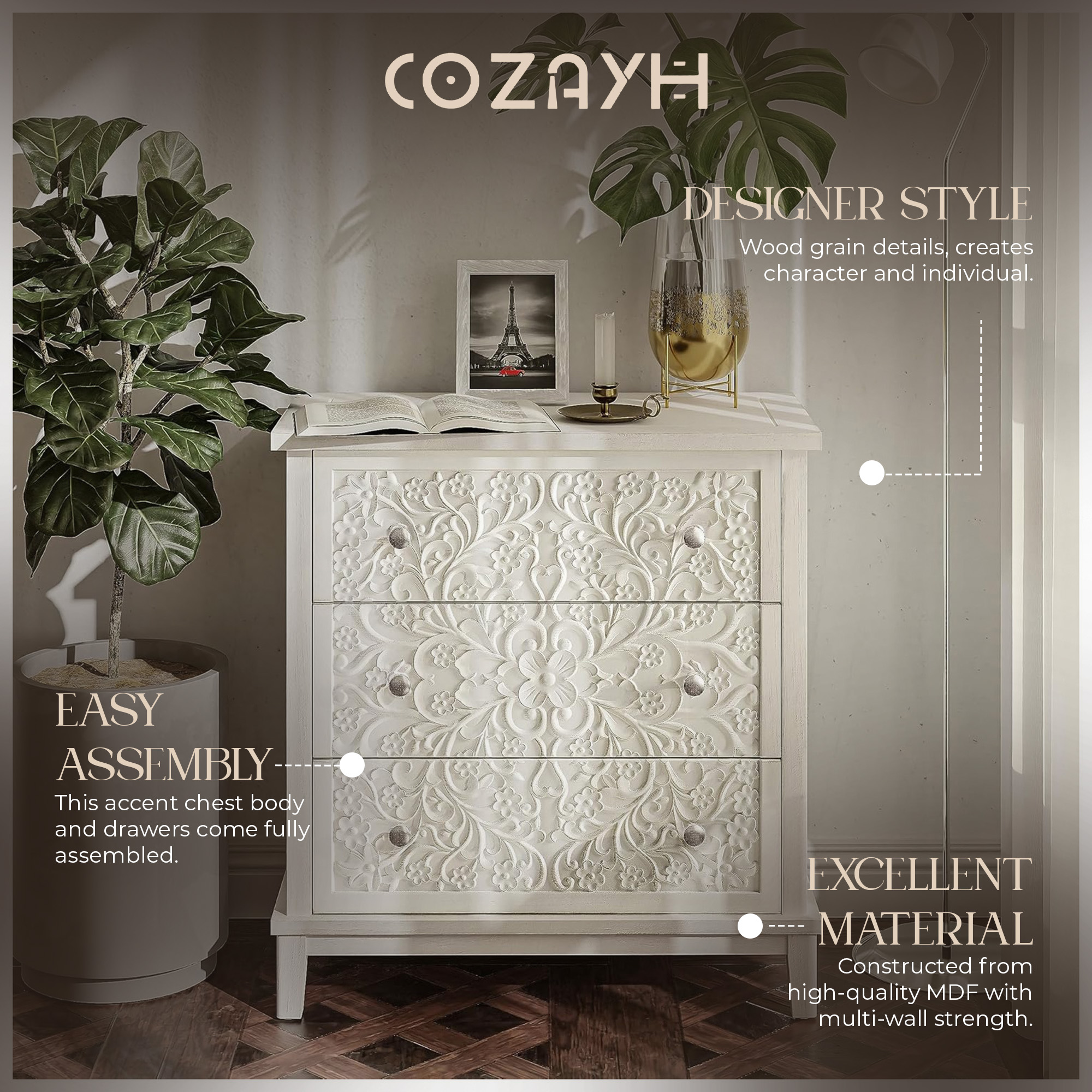 Amazon.com: COZAYH Farmhouse 3-Drawer Dresser, Floral Carved
