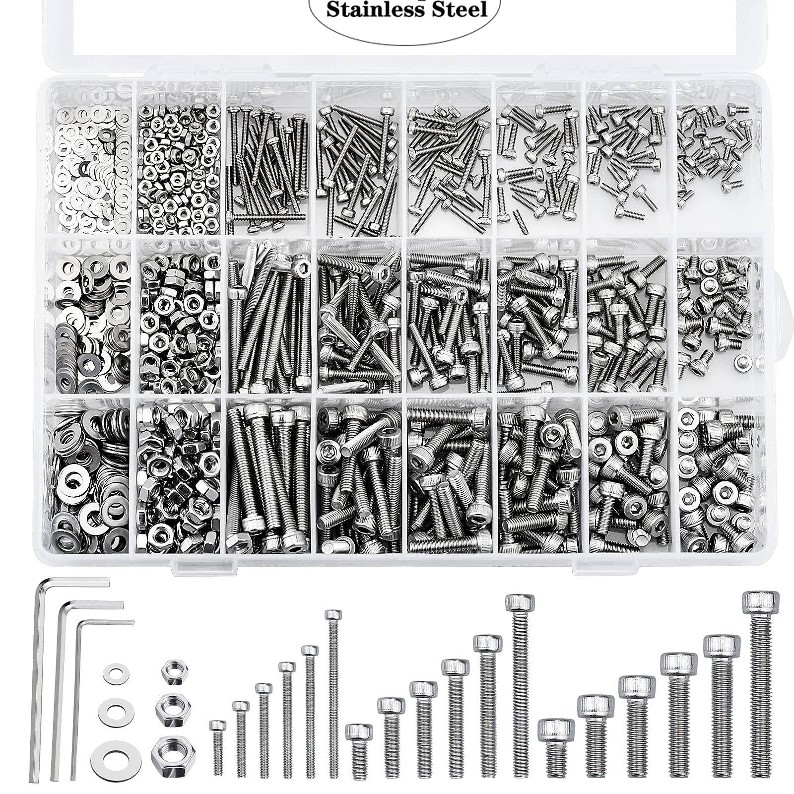 1080pcs Hex Socket Screws Set Stainless Steel M2 M3 M4 Screw Bolt Nut Assortment Set Nut and Bolt Set Screw Hex Socket Head Cap Nuts and Washers Set Kit with 3 Wrenches（Silver）