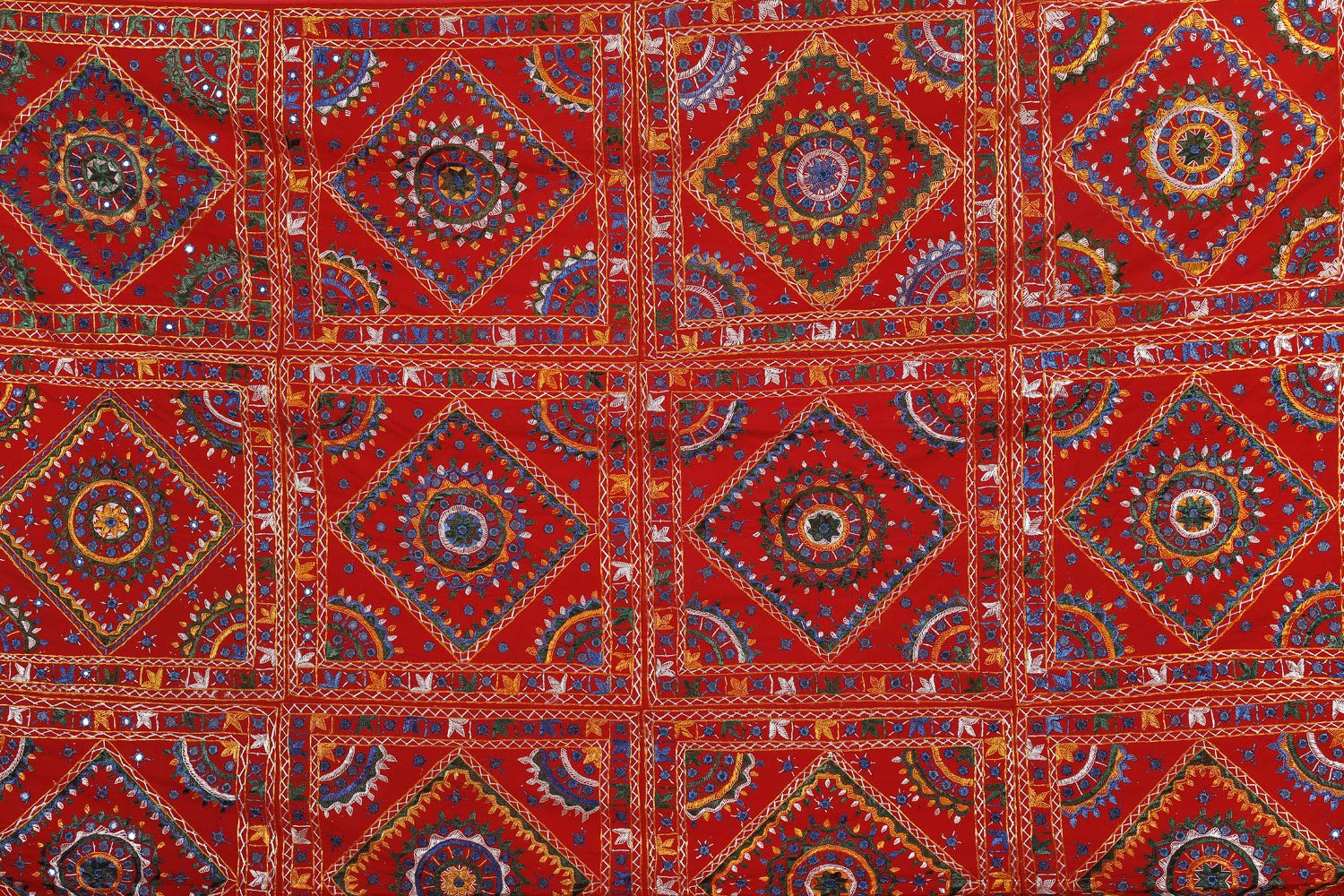 Exotic India Bedcover from Jaipur with Embroidered Motifs and Mirrors - Pure Cotton - Color Mars Red Color