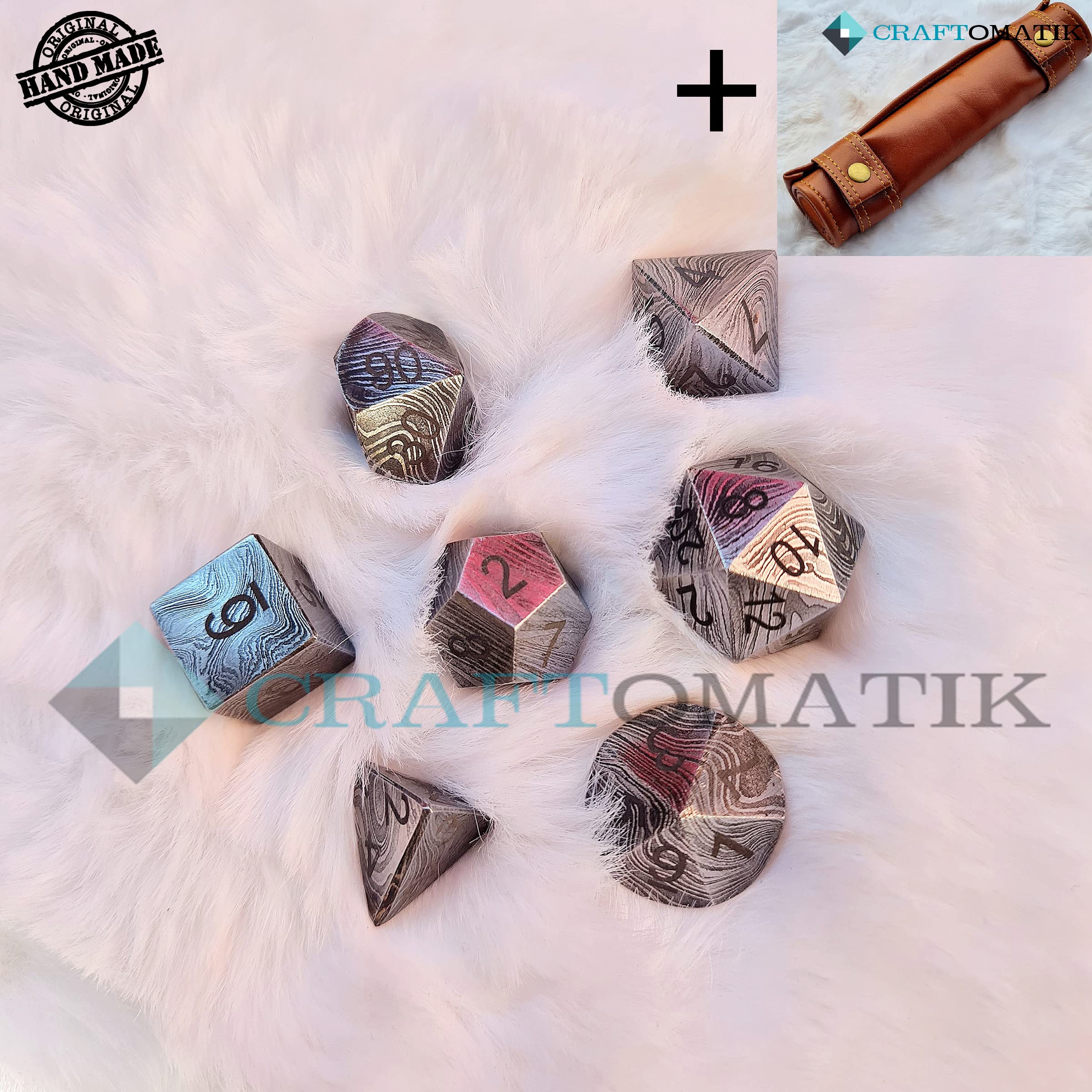 DND Juego de dados de Damasco, 7 piezas, hecho a mano, acero de Damasco, MTG RPG D&D Dice, bolsa de piel con alfombrilla de juego