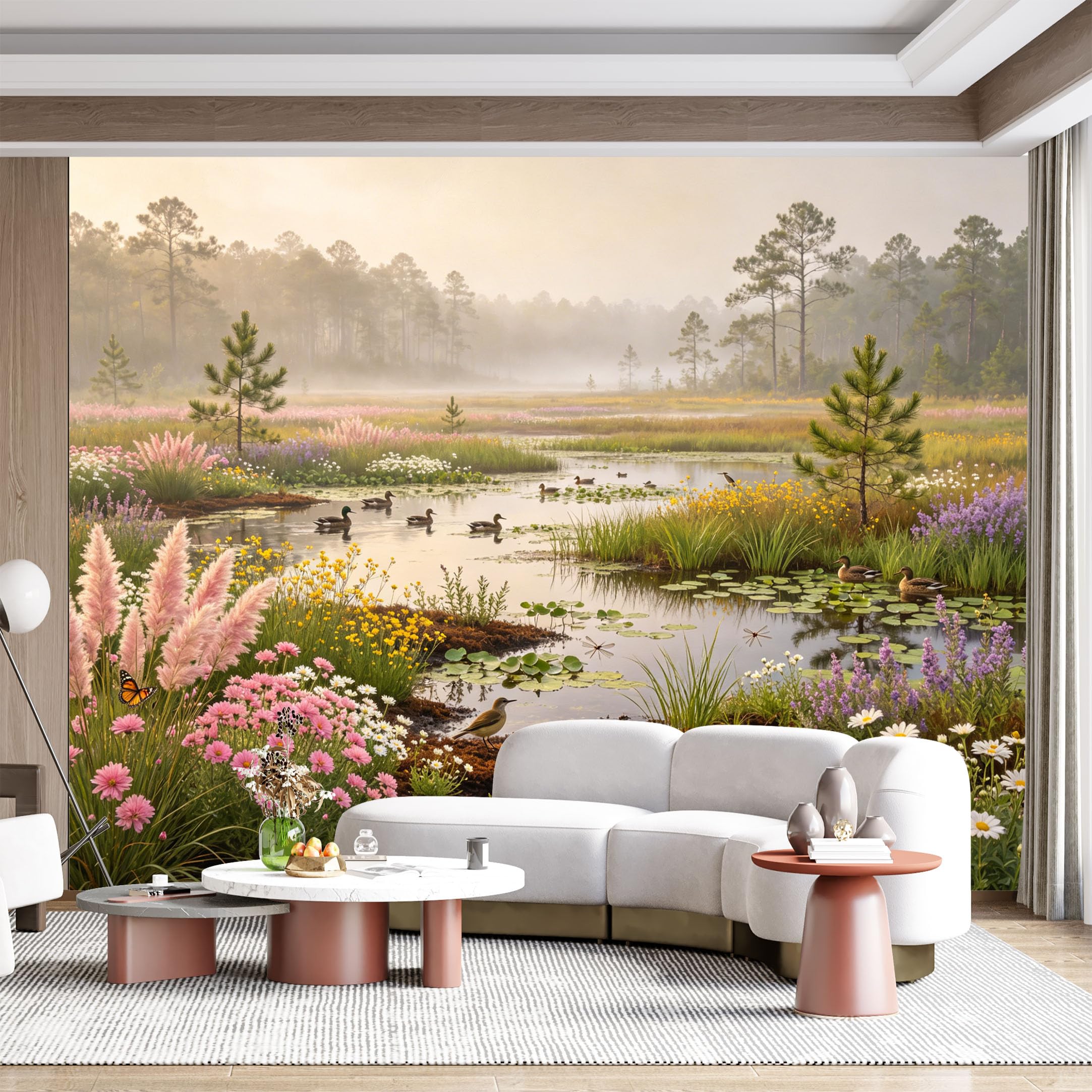 Custom Size Wall Mural Misty Meadow Pond Wildlife Ducks Butterflies Floral Landscape Watercolor SelfAdhesive Wall Fabric Removable for Home Office Decor