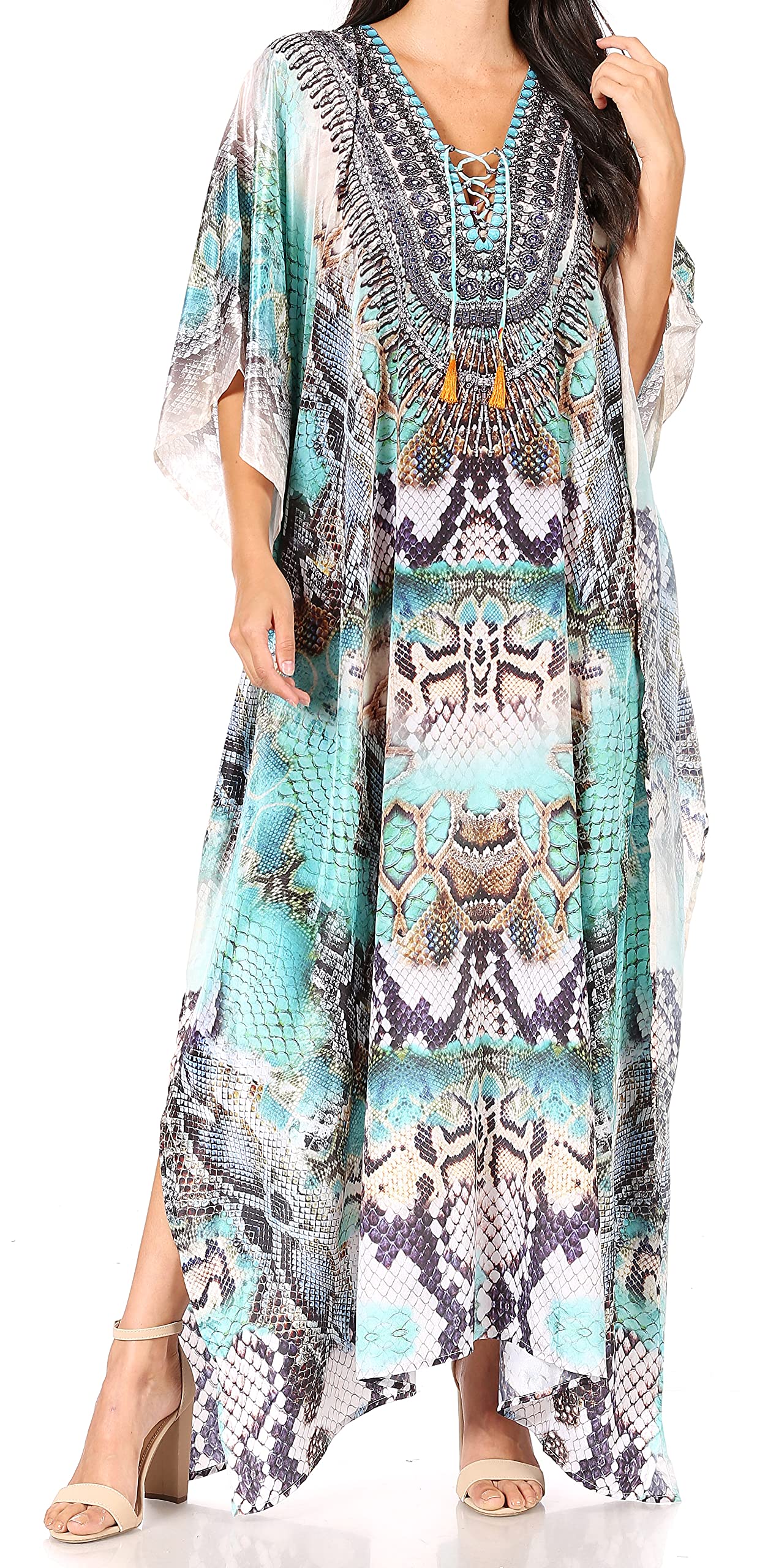 Sakkas Yeni Women's Short Sleeve V-Neck Summer Floral Long Caftan Dress Cover-up