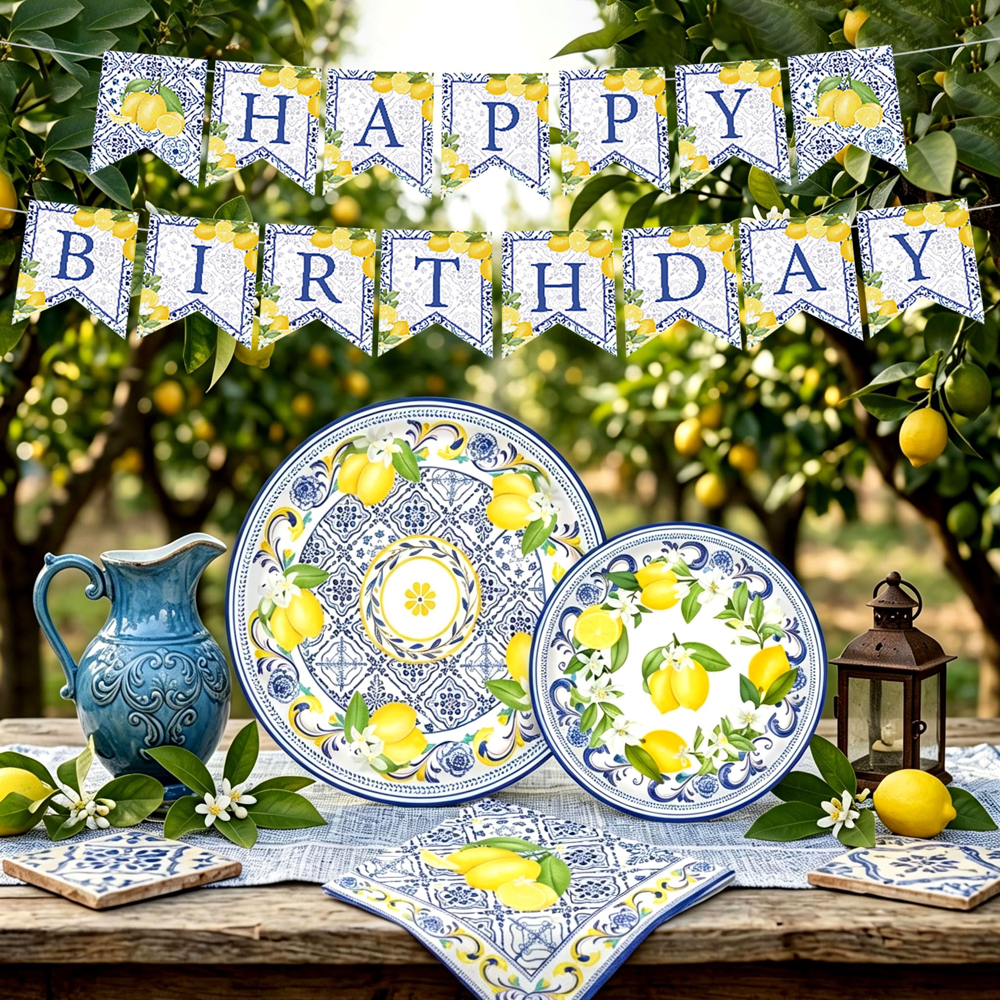 Capri Lemon Party Decorations Tableware Set with Birthday Banner Napkins