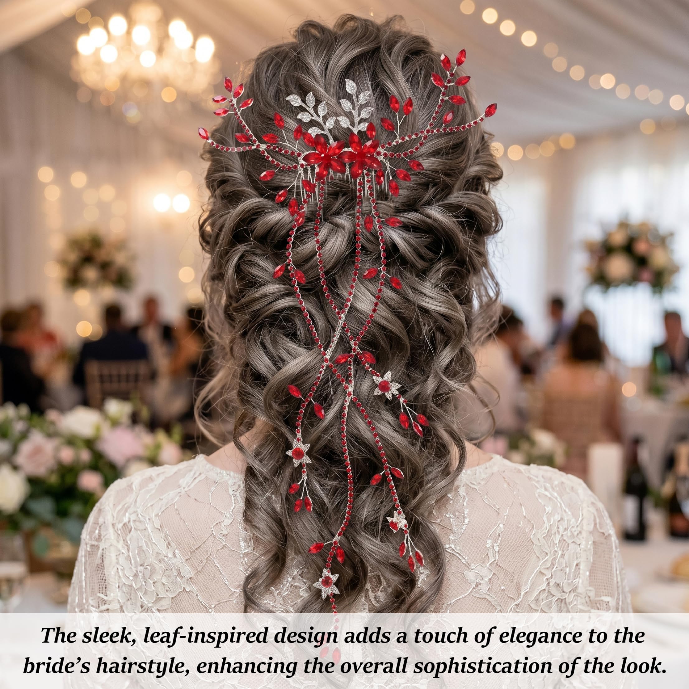 Copricapo da sposa per matrimonio, pettine per capelli con strass con foglia e nappa Accessori per capelli da sposa in lega fatta a mano per festa di ballo, rosso, copricapo per la