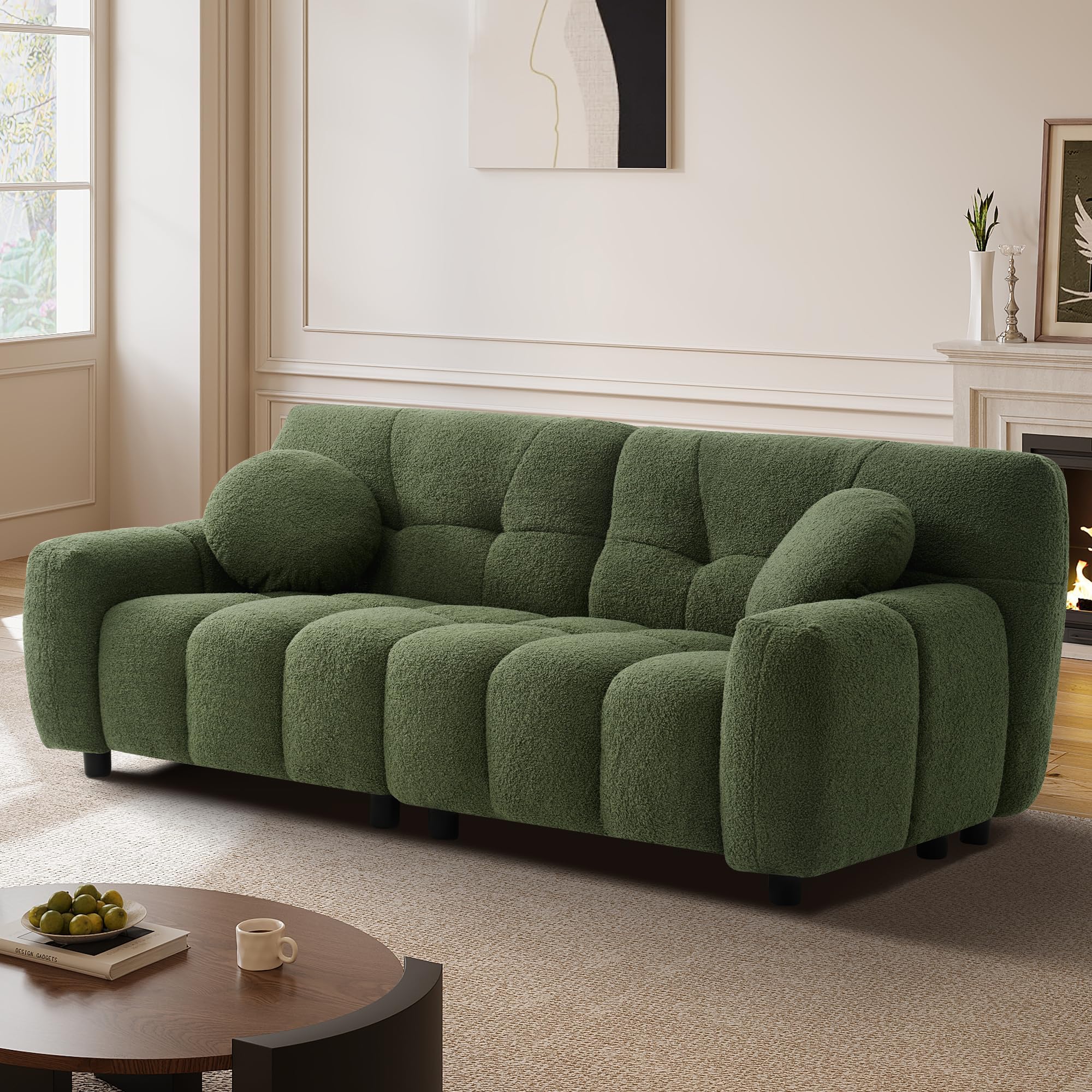 73" Boucle Cloud Sofa Couch with 2 Soft Pillows,Comfy Upholstered Teddy 2 Seater LoveSeat Sofa,Modern Deep Seat Sherpa Cloud Couch, Oversized Loveseat for Living Room Bedroom Apartment,Olive Green