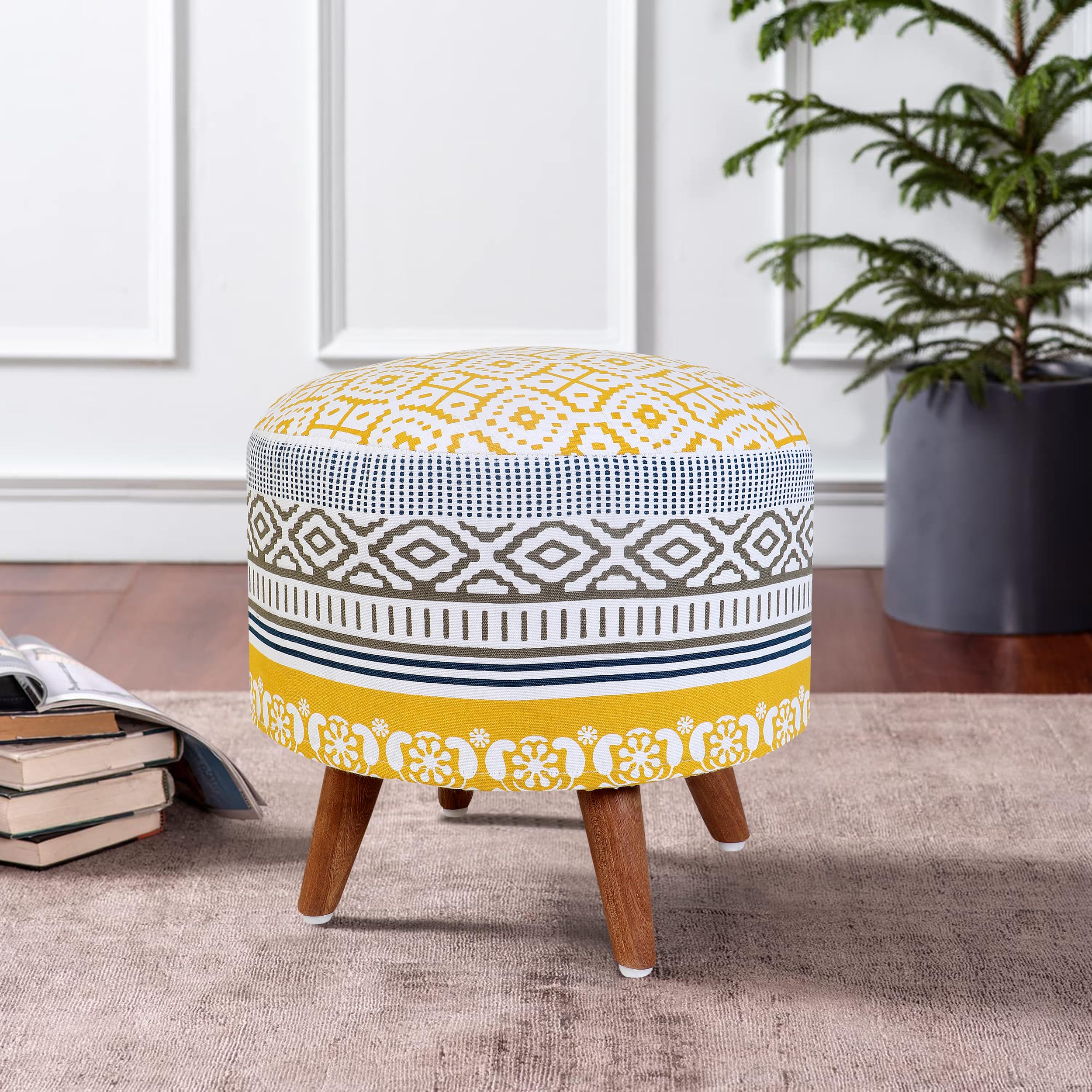 Modern Homes Ottoman Stool for Living Room | Pouffes for Sitting | Printed Stool for Bedroom | Foot Rest Ottoman stools with 4 Wooden Legs (14 inch Height, Yellow)-image-3