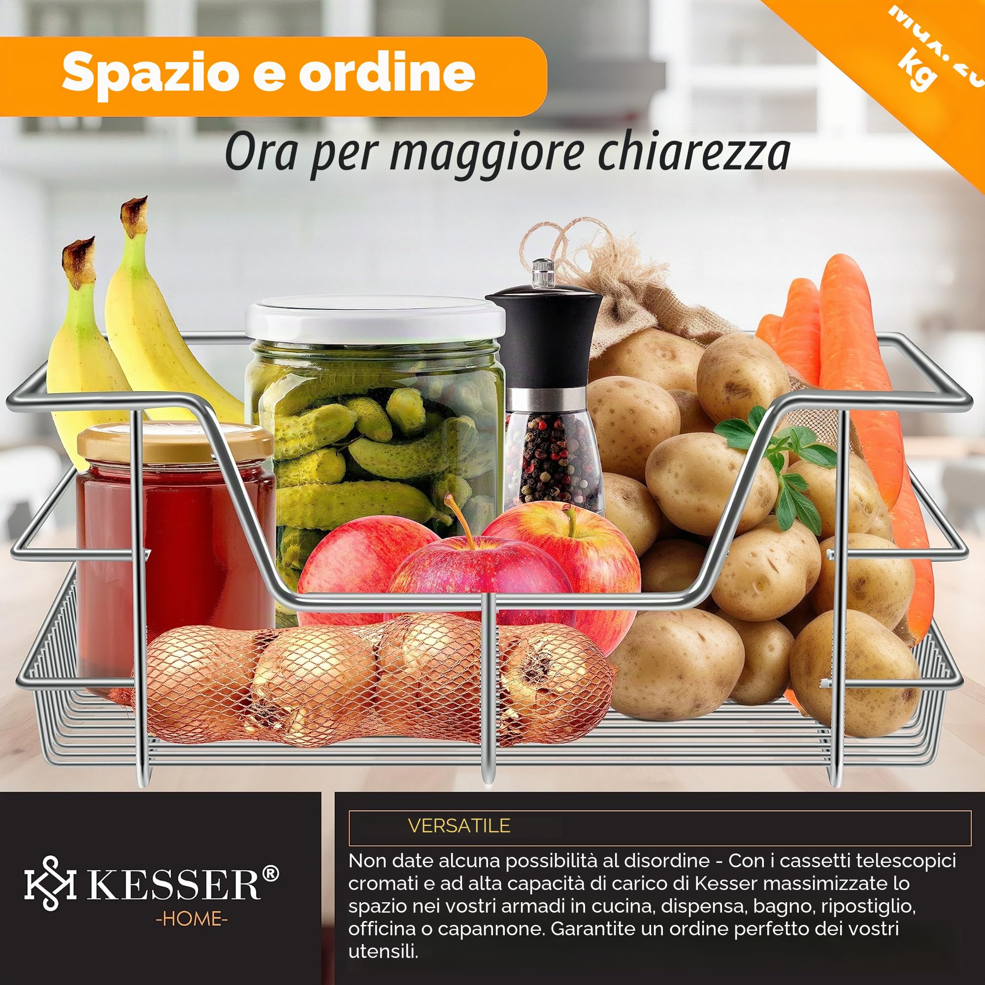 KESSER® Cassetto Telescopico - 4x 60cm ✓ Cassetto per Cucina ✓ Armadio per Cucina ✓ Cestello estraibile ✓ Armadio estraibile ✓ Cassetto ad estrazione totale ✓ Cassetto - Argento