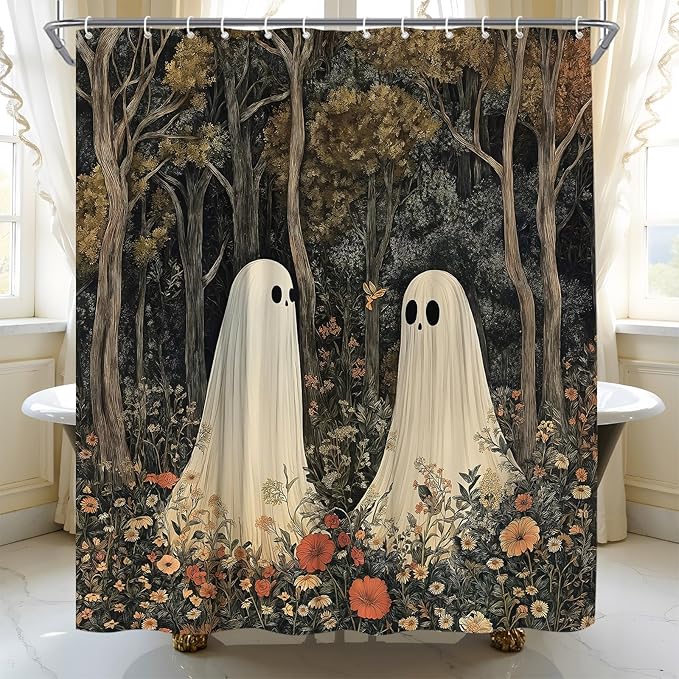Spooky Halloween Ghost Shower Curtain Dark Wildflower Forest Holiday Ambience Vintage Trick or Treat Home Fabric Bathroom Decor Set Include Hooks,70