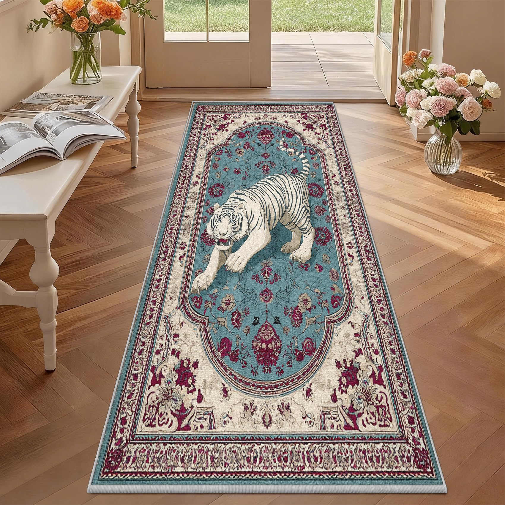 Tapis de couloir tigre blanc 70x180 cm lavable et antidérapant poil ras