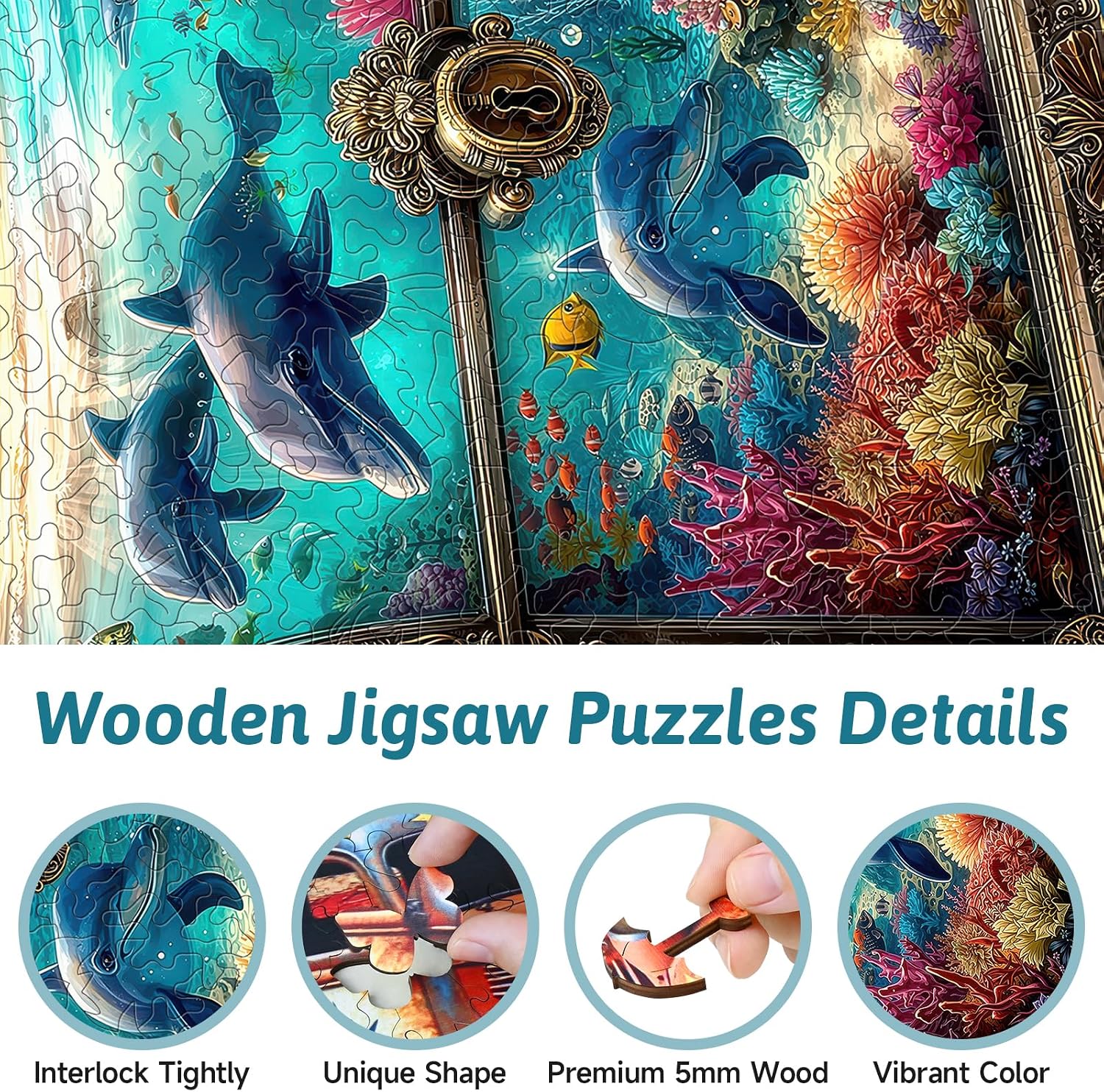 237pcs Wooden Puzzle for Adults - Ocean Treasure Chest Dolphin Jigsaw Puzzles, Irregular Unique Wooden Pieces with Hidden Marine Shapes, Premium Gift for Puzzle Lovers (Undersea View)