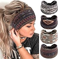 Vista 24 de FULZTEY Diademas Boho para mujer, diademas elásticas vintage con estampado de tela, banda de pelo anudada ancha, bandas de pelo suaves de algodón