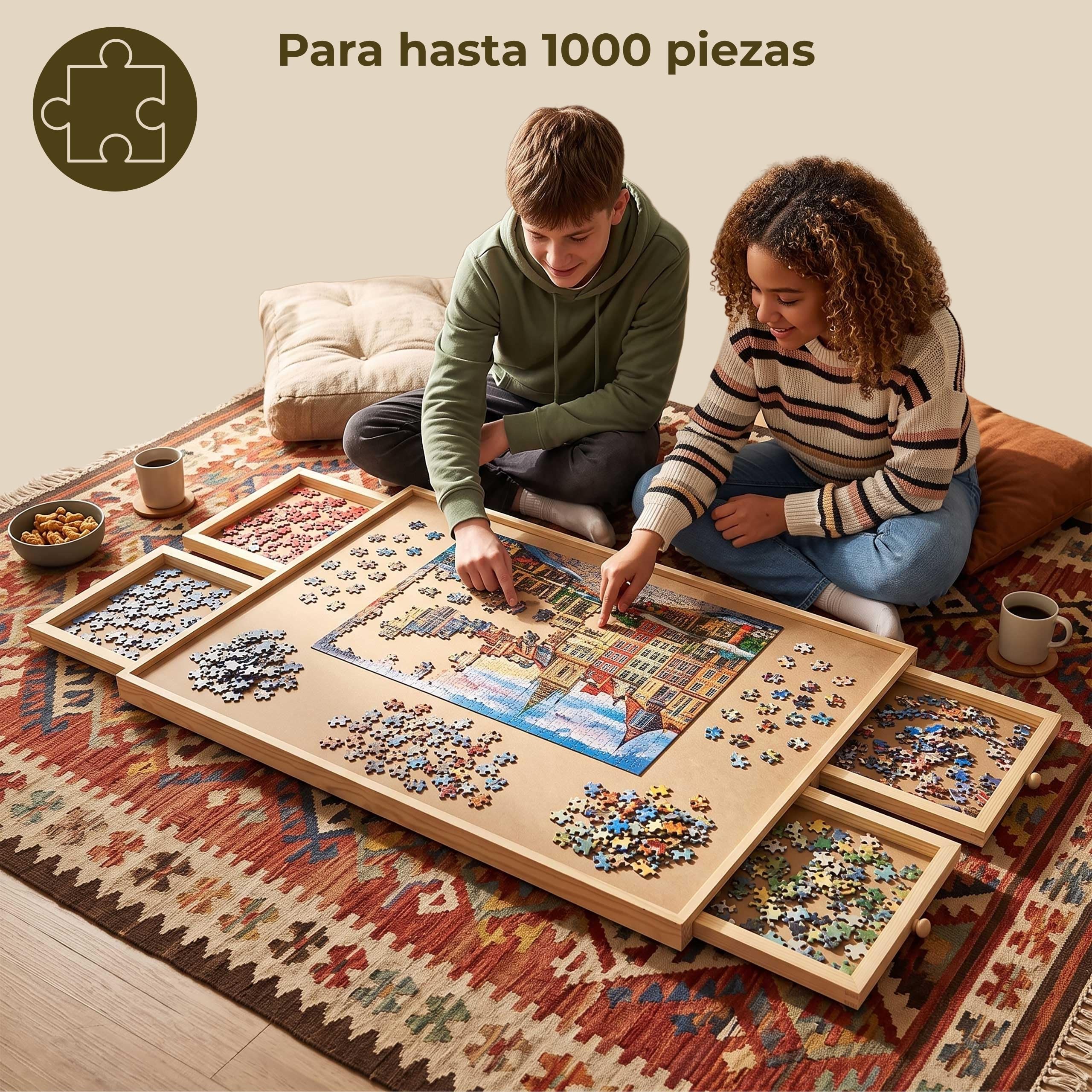 Puzzle base 1000 piezas de madera organizador de rompecabezas con 4 cajones giratorio con película protectora para rompecabezas ayuda a clasificar superficie lisa para adultos familia hobby SPRINGOS