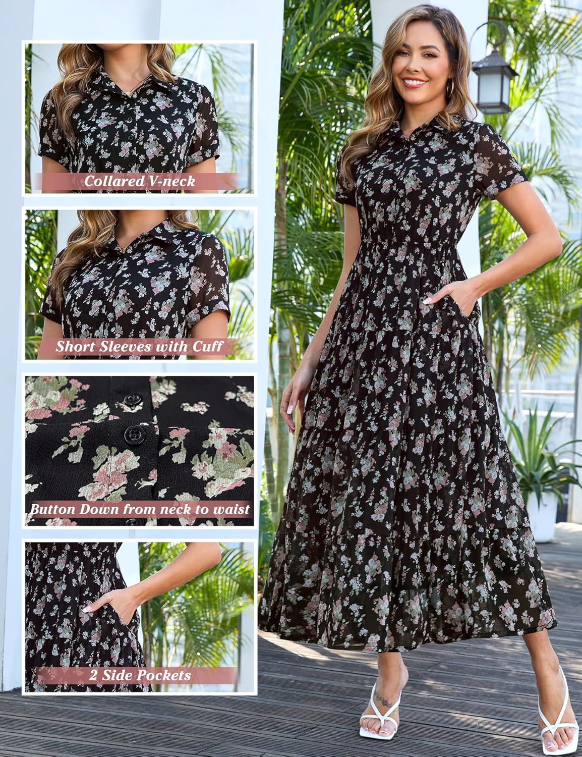 Kranda Women 2026 Summer Collared V Neck Short Sleeve Button Down Chiffon Long Tiered Floral Maxi Dress with Pockets - Image 4