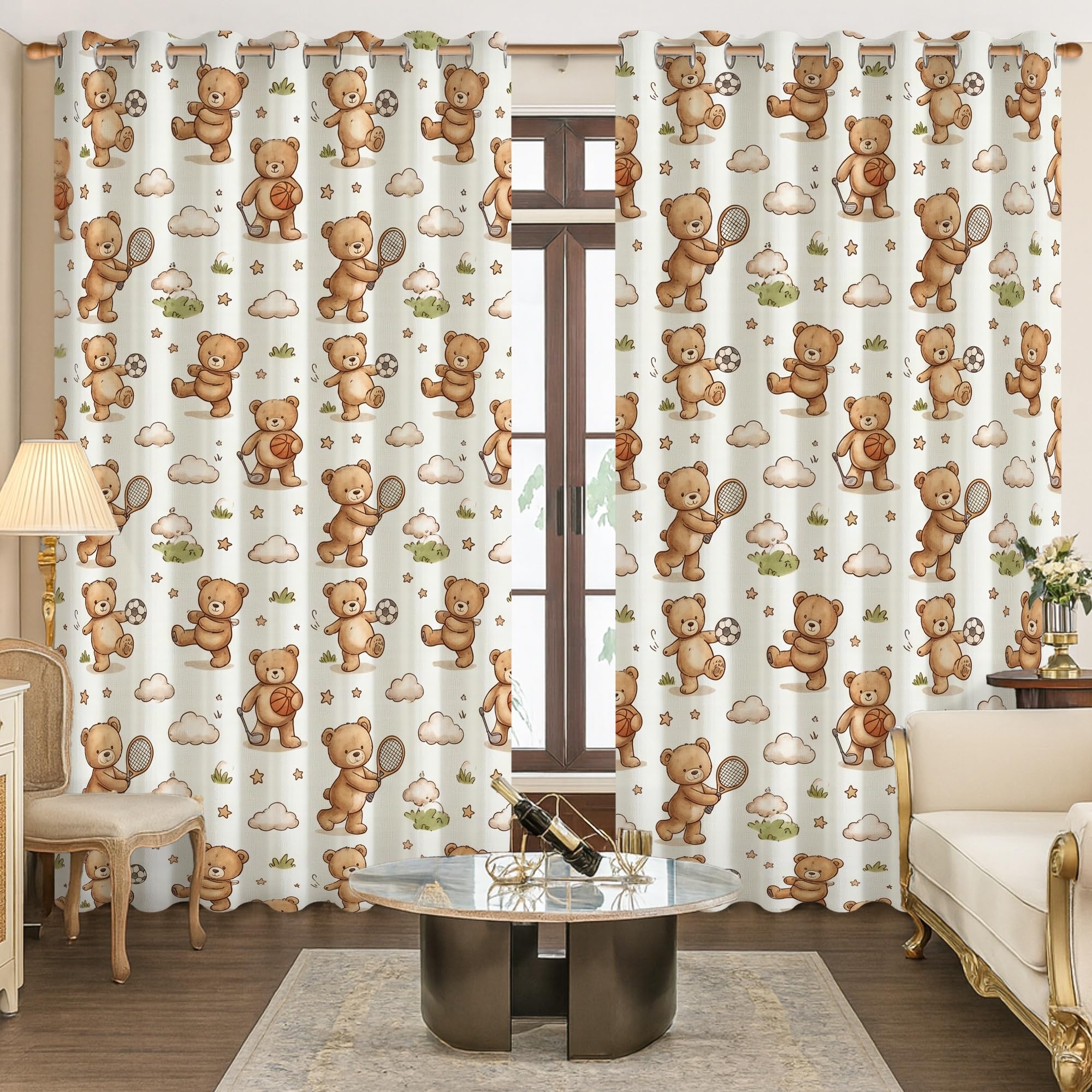 Teddybär-Verdunkelungsvorhänge, verspielte Fantasie, Wolkenstern, Frühling, Beige, maschinenwaschbar, Fensterpaneele für Wohnzimmer, Zuhause, Büro, Fensterdekoration, 132 x 213 cm