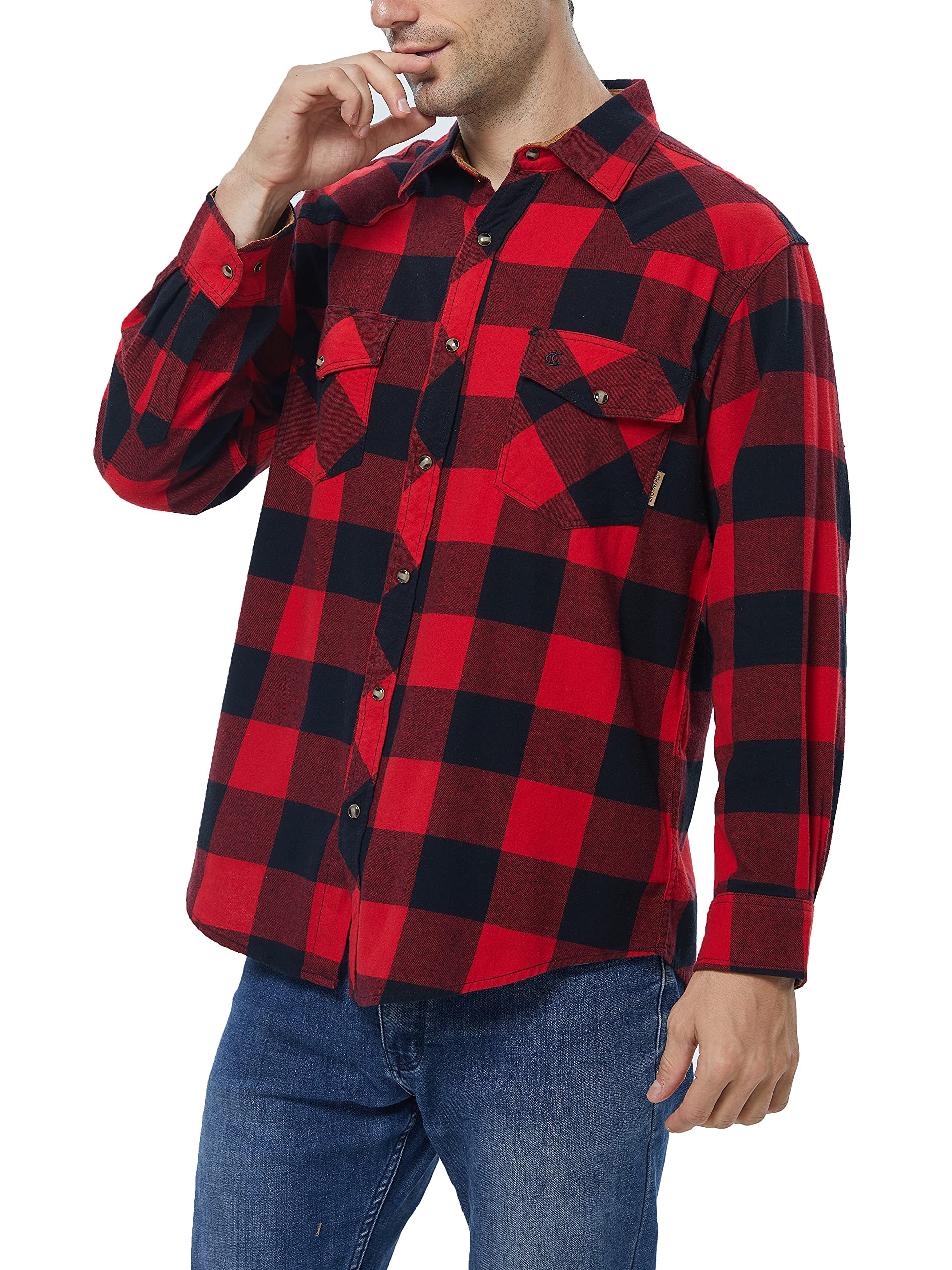 Camicia in flanella da uomo a maniche lunghe, camicia da boscaiolo, a quadri, con bottone, in cotone con tasca, vestibilità normale, casual, camicia