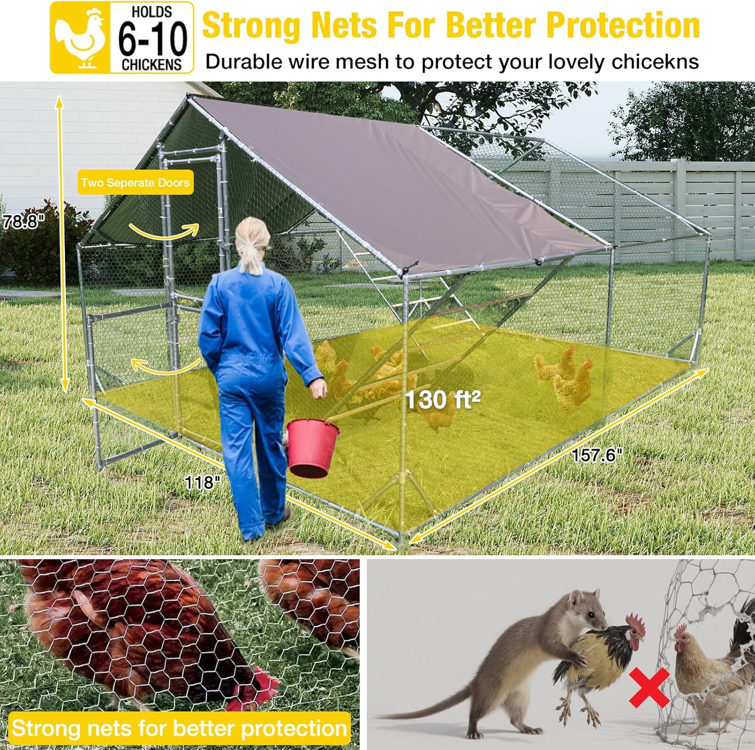 Aivituvin Large Metal Chicken Coop Run Chicken Pen with Ramp, Waterproof Tarp Cover, Outdoor Poultry Enclosure for Chickens, Ducks, Rabbits, 12.9' L x 9.8' W x 6.5' H