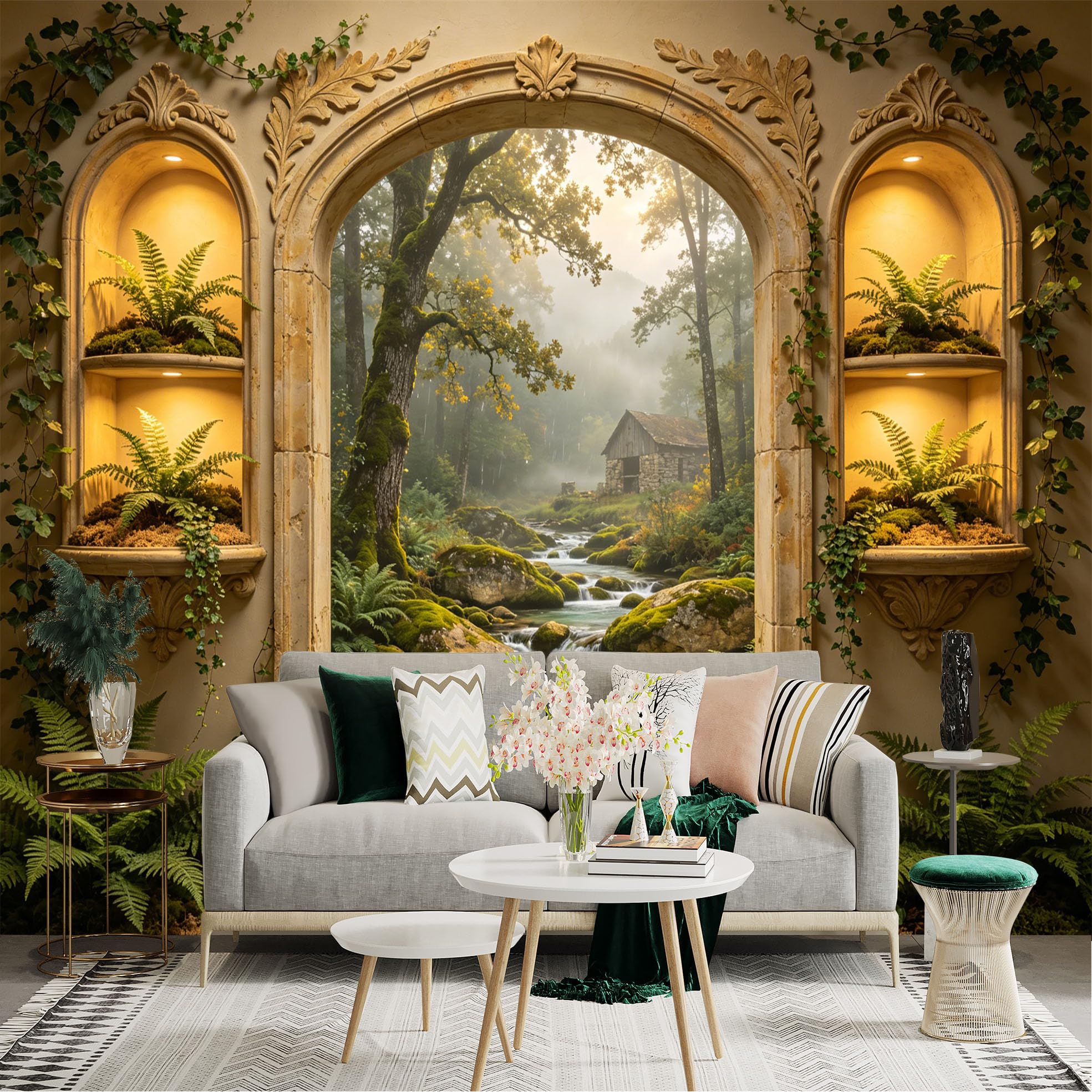 Lnzczhyre Dbh260521109 Custom Size Wall Sticker Mural， Misty Forest Cabin， Mossy Stream， Antique Archway View， Natural Woodland Scenery， For Wall Decoration， Peelandstick Wall Decals.