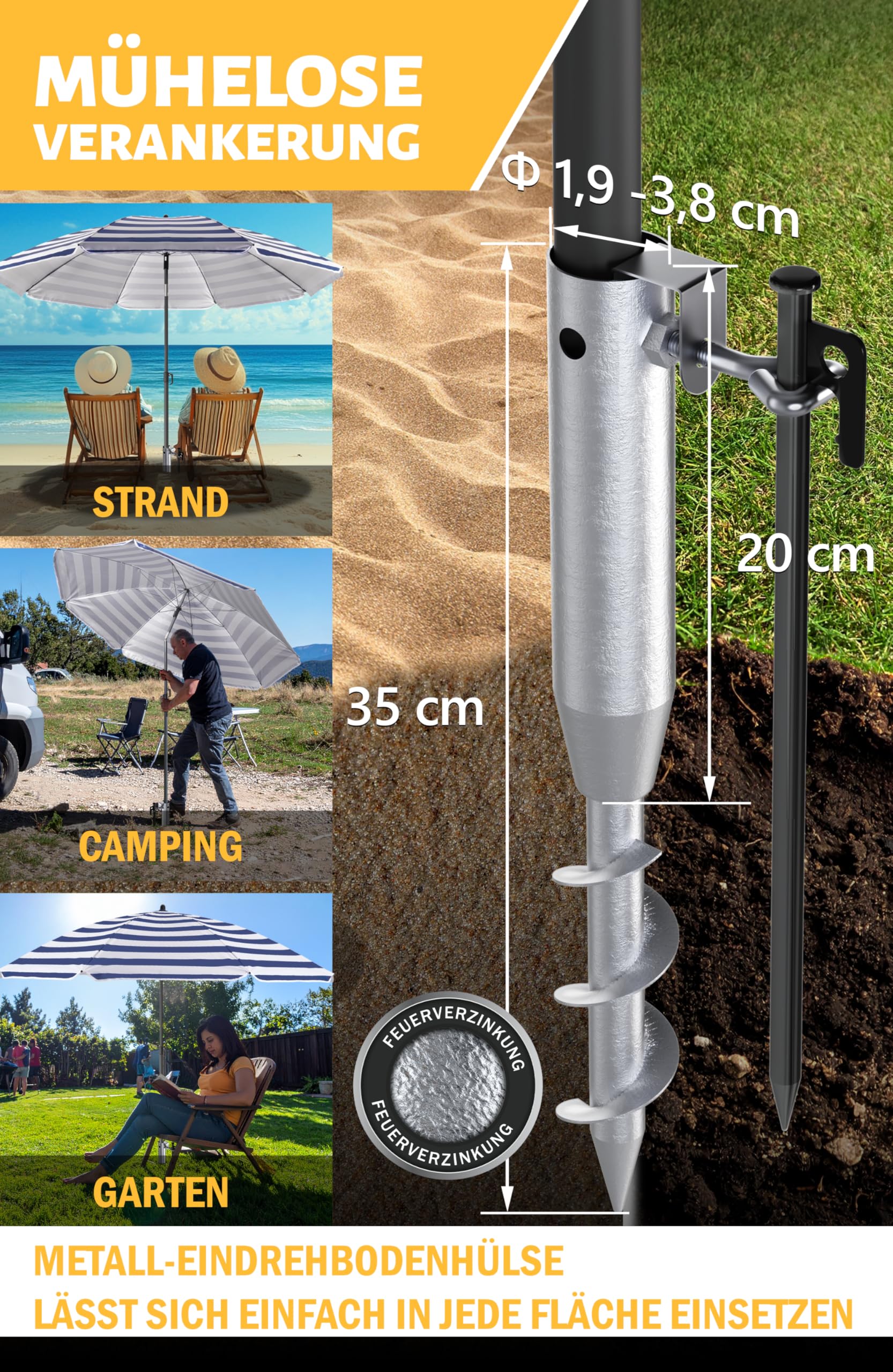 Menz Sonnenschirm Strand in Blau-Weiß - 3er Set inkl. Strandschirm windfest stabil + Rasendorn Sonnenschirmhalter + Sonnenschirmhülle, Sonnenschirm mit Rasendorn, robuster Schirmspieß für Garten