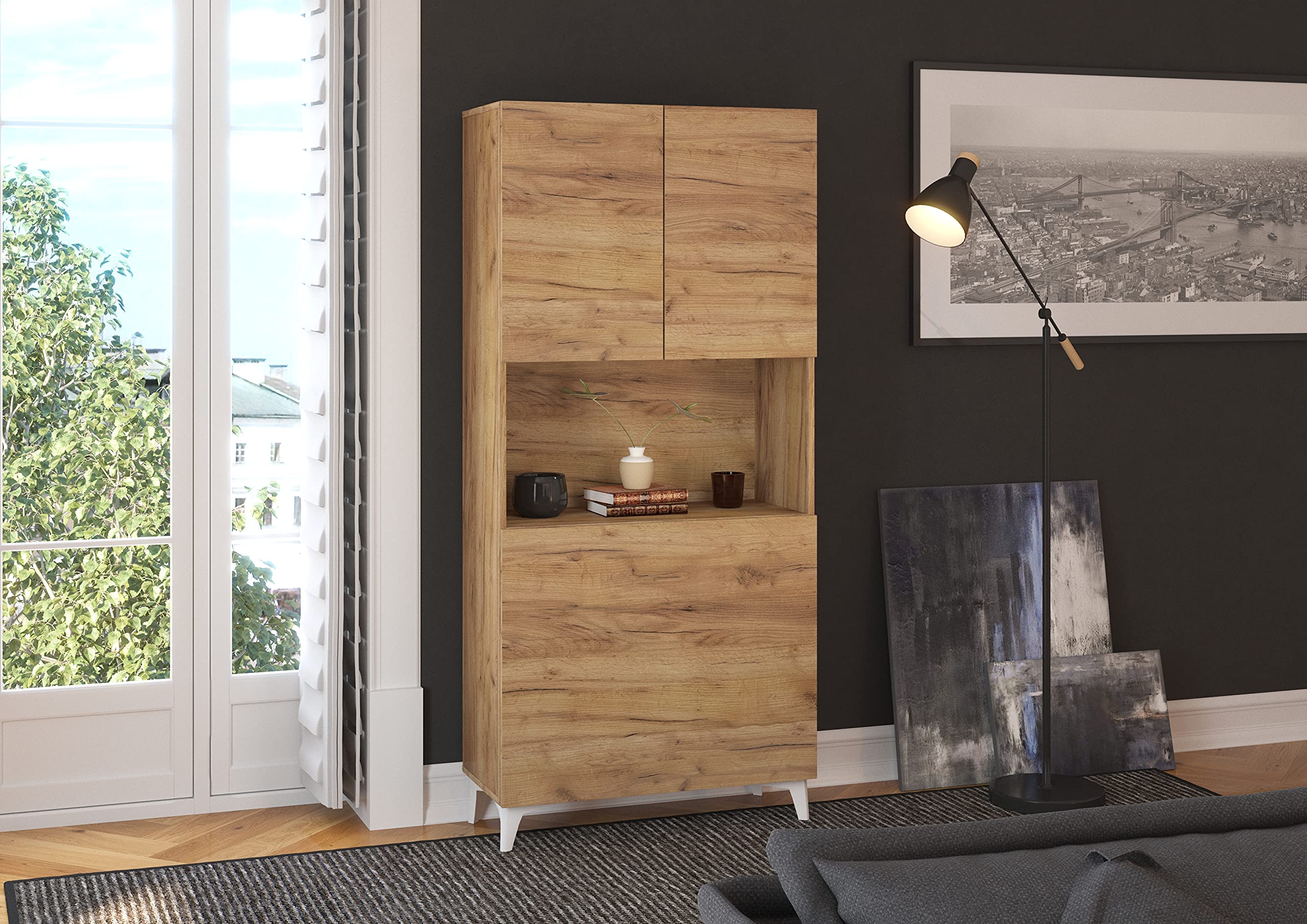 BIM Furniture Megan - Escritorio plegable (1 estante, oficina doméstica, mesa de pared, ordenador portátil, mesa plegable (artesanía dorada)